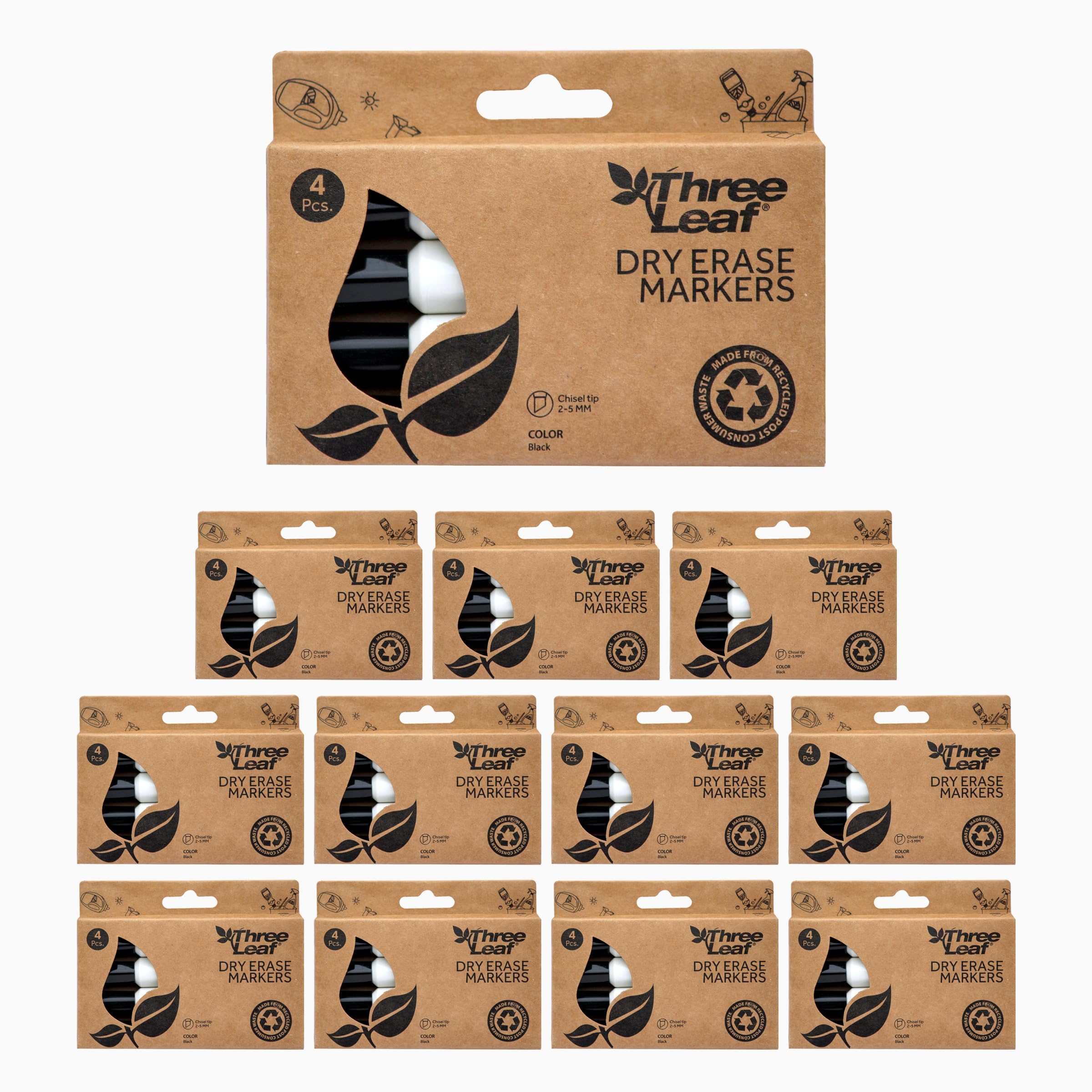 three leaf Dry Erase Marker 4 Ct., Pack Of 12, Black, Chisel Tip, Dry-Erase Marker for Boards,Mirrors,Calender,School Office Supplies, Markers for