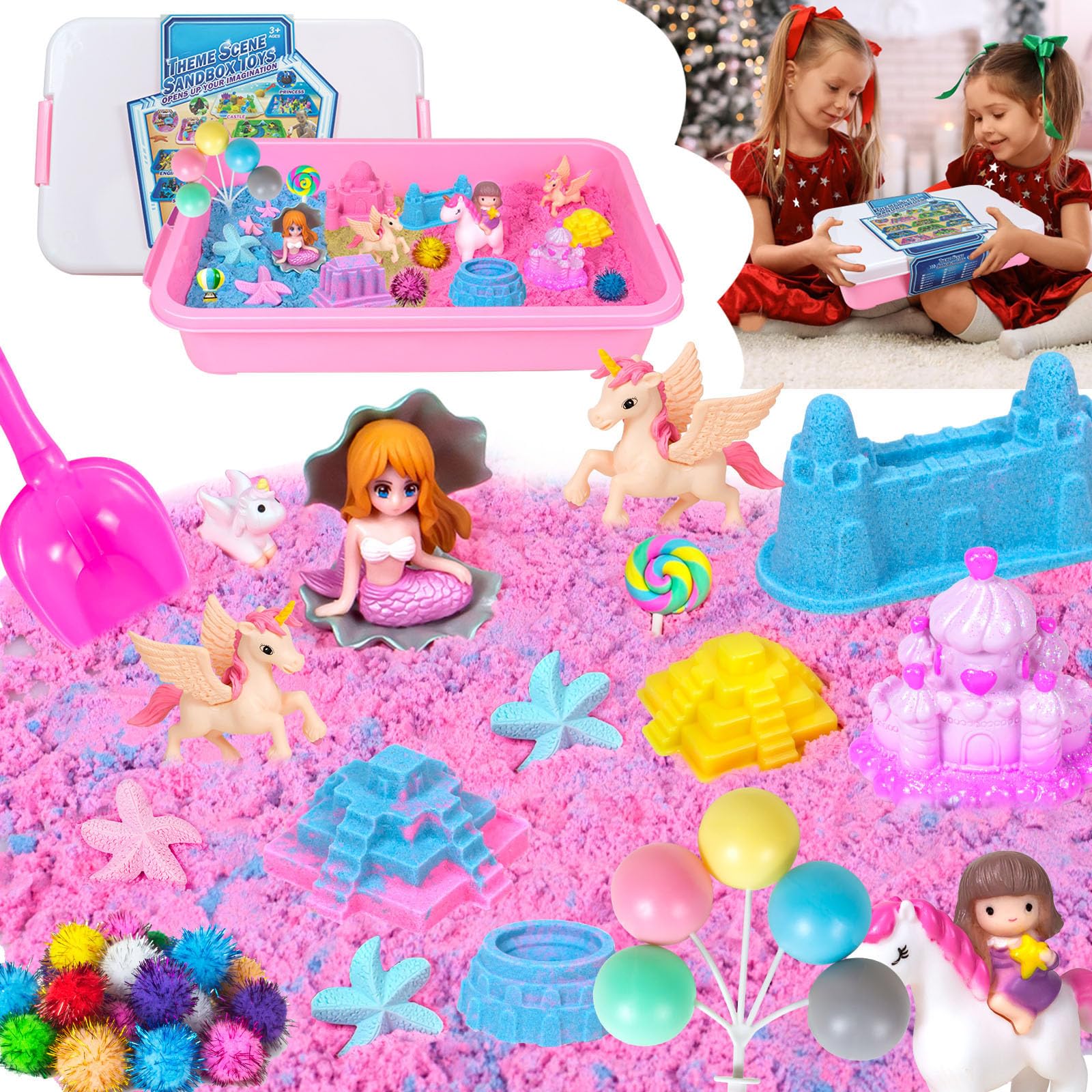 QUANA Sensory Bin Toys,Sandbox Play Sand Set Sensory Bins Magic Sand, Unicorns, Castle Moulds, Mermaid, Tools, Sand Art Kit for Girls Ages 3 4 5 6 7 8