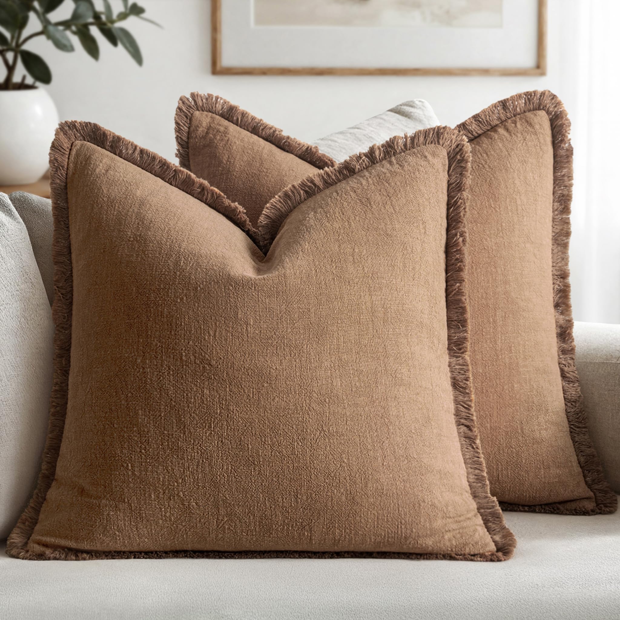 MIULEE Boho Linen Fringe Decorative Fall Throw Pillow Covers Brown 16x16