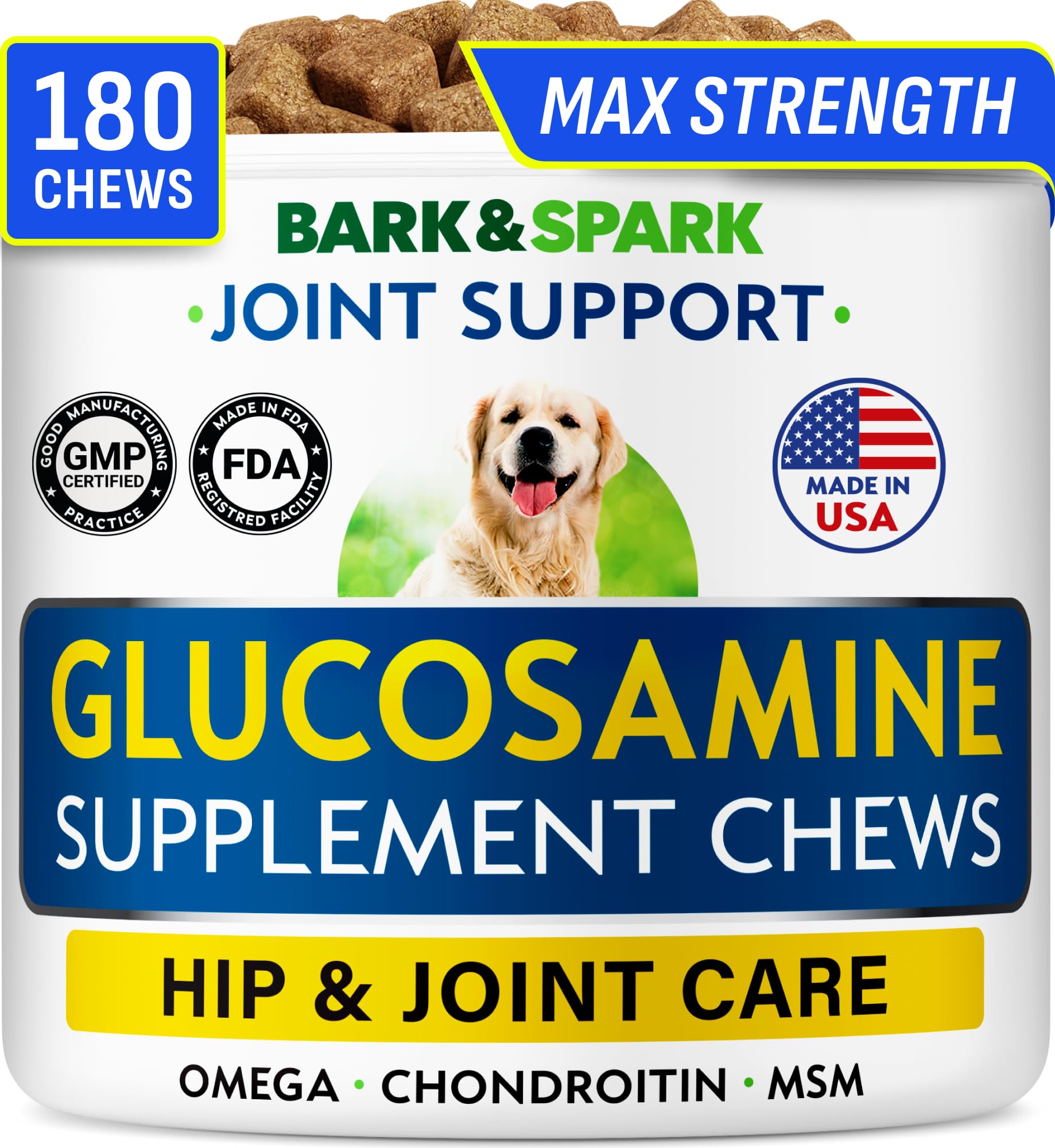 Bark&Spark Glucosamine Chondroitin Dog Hip & Joint Supplement - Joint Pain Relief - Hip & Joint Chews - Joint Support Large Small Breed - Senior Doggie Vitamin Pill Joint Health (180 Treats - Chicken)