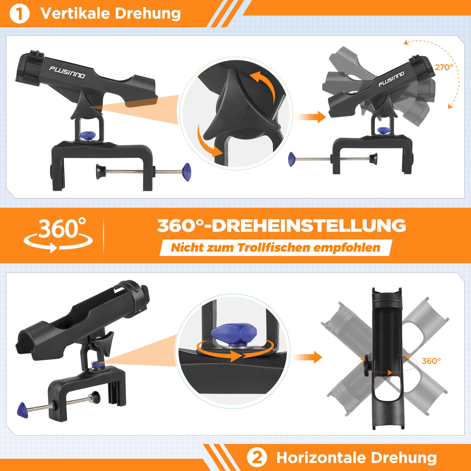 Lot de 2 supports de canne à pêche pour bateau, équipement de pêche avec clip élargi, design innovant en forme de double V, convient pour la pêche sur des bateaux à tube rond/carré, cadeau de pêche