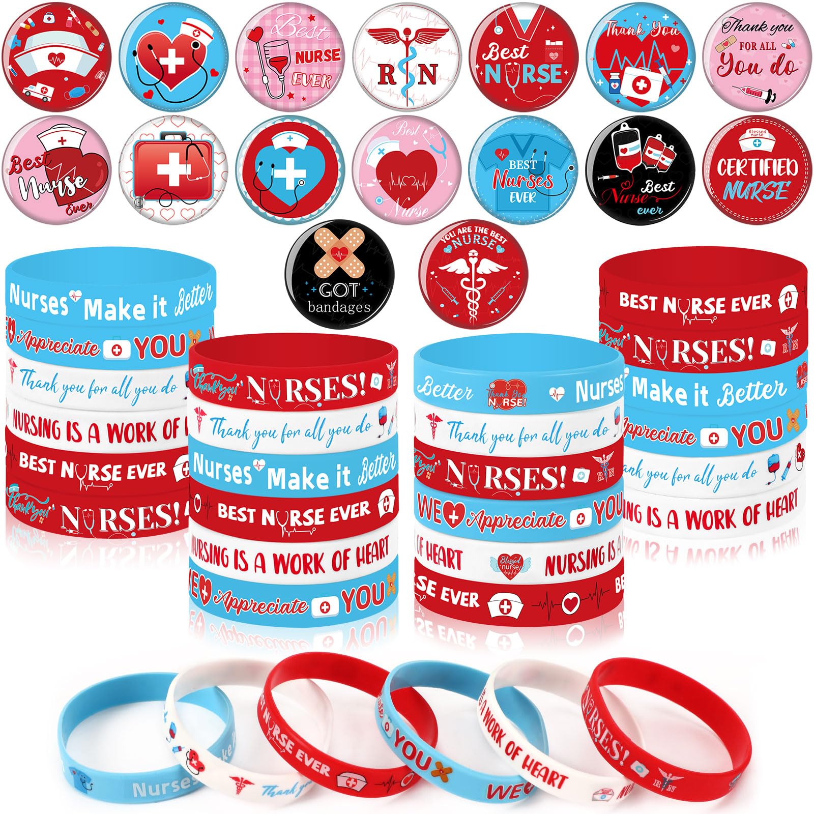 DTOFOOT 64PCS Nurse Party Favors 32pcs Nursing Themed Button Badges Pins and 32pcs Nurse Silicone Bracelets for Nurses Week Medical RN Theme Nurse
