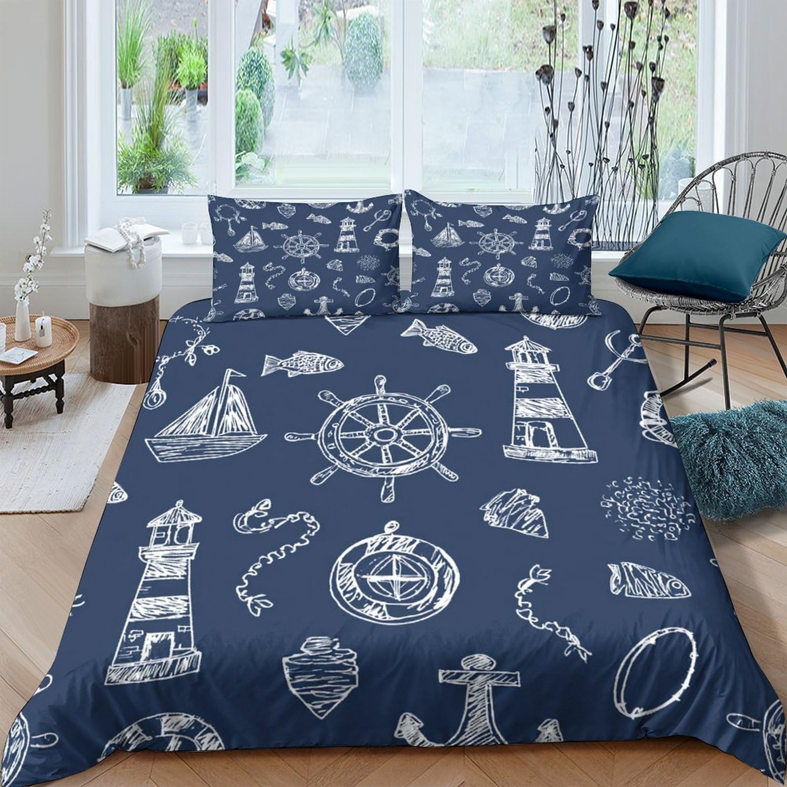 Ctjqhvkz Style-10 3D Printed Nautical Lighthouse Fitted Sheet Microfiber Soft Breathable Sea Helm Mattress Cover For Bedroom Guest Room Decor Single（135X200cm）