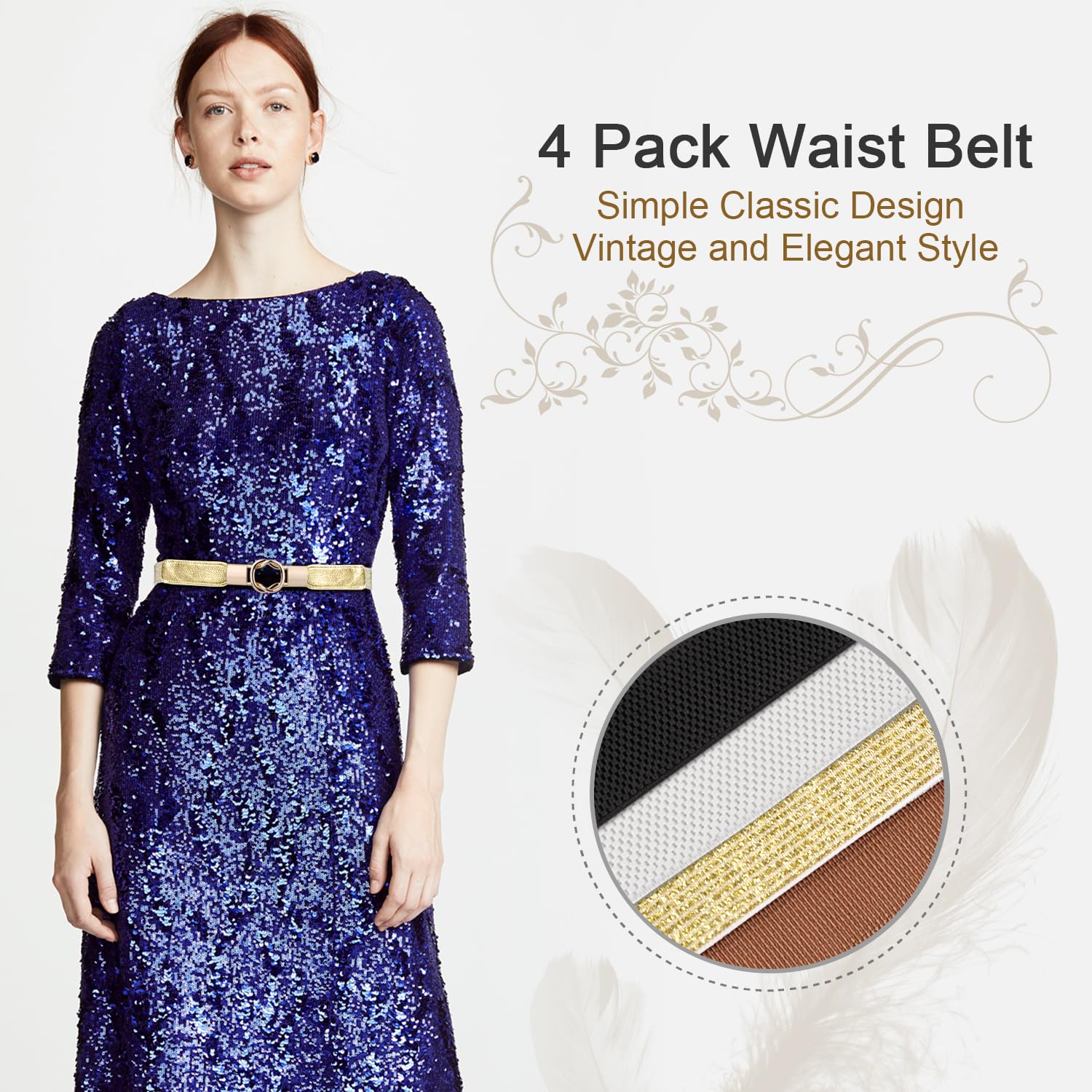 WERFORU Women Skinny Belt for Dresses Retro Stretch Waist Belt with Gold Buckle Set of 4: Fits Waist 29"-40" O-black+brown+white+gold