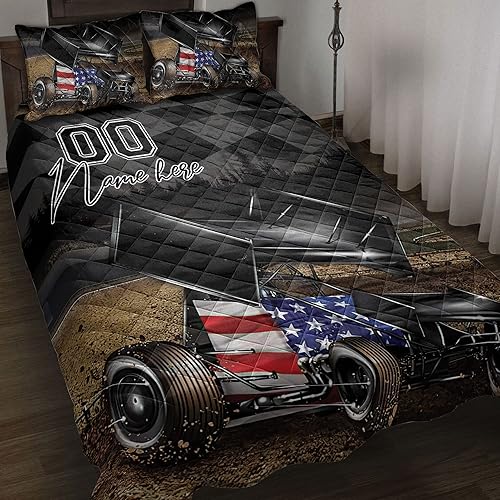 OhaPrints Juego de cama personalizado de carreras, manta y fundas de almohada con bandera a cuadros de carreras de tierra con nombre personalizado,
