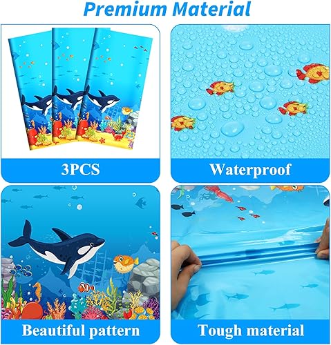 Miniatura 3 de Juego de 3 manteles de plástico con diseño de tiburón y animales bajo el mar, 106 x 54 pulgadas, diseño de ondas oceánicas para baby shower, playa,