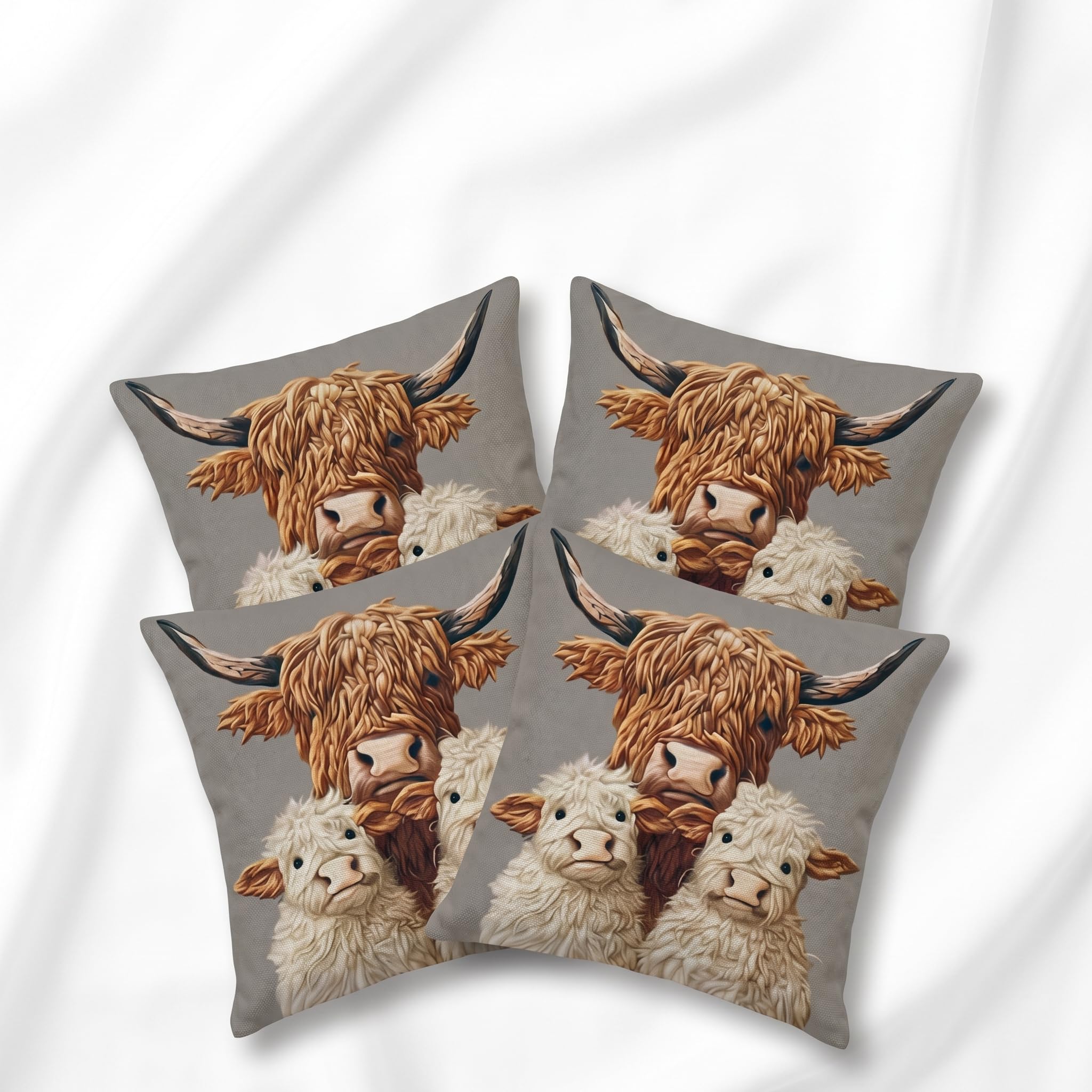 PVOODIRE Highland Cow Cushion Covers 4 Pack 45x45cm Linen - Soft Animal Print Sofa Covers for Living Room Indoor Outdoor