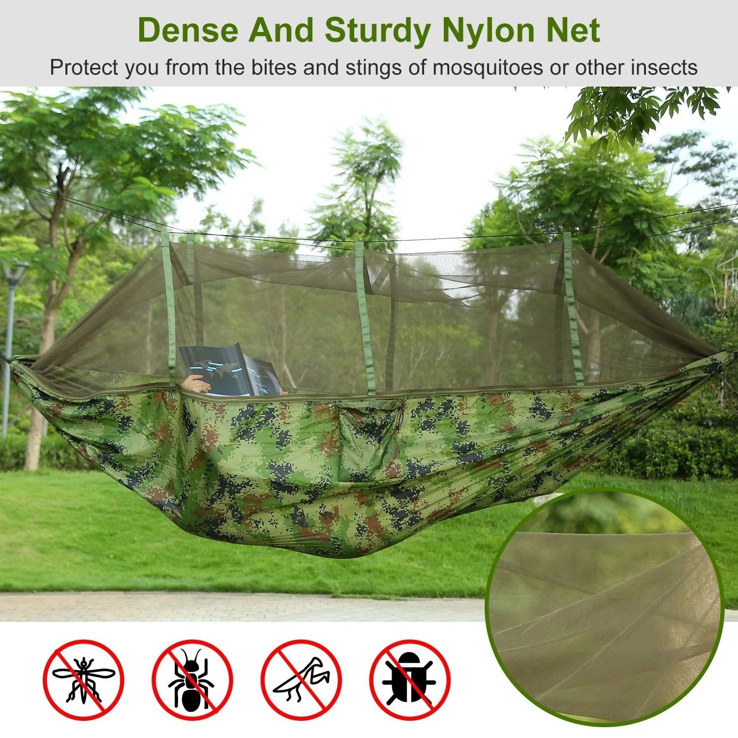 2-Personen-Hängematte mit Moskitonetz, Outdoor, Wandern, Camping, Hommock, tragbares Nylon-Schaukel-Hängebett, 600 Pfund Traglast(Camouflage)