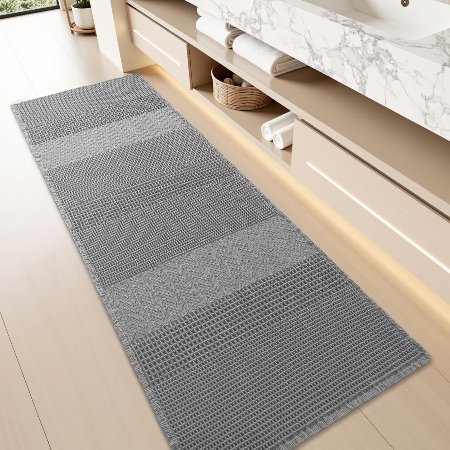 AMOAMI Waffle Bath-Mat, Super Absorbent Bath Mats for Bathroom, Boho Bathroom Rugs Non Slip Washable, Ultra Soft Bathroom-Mat with Tassels Bath Rugs