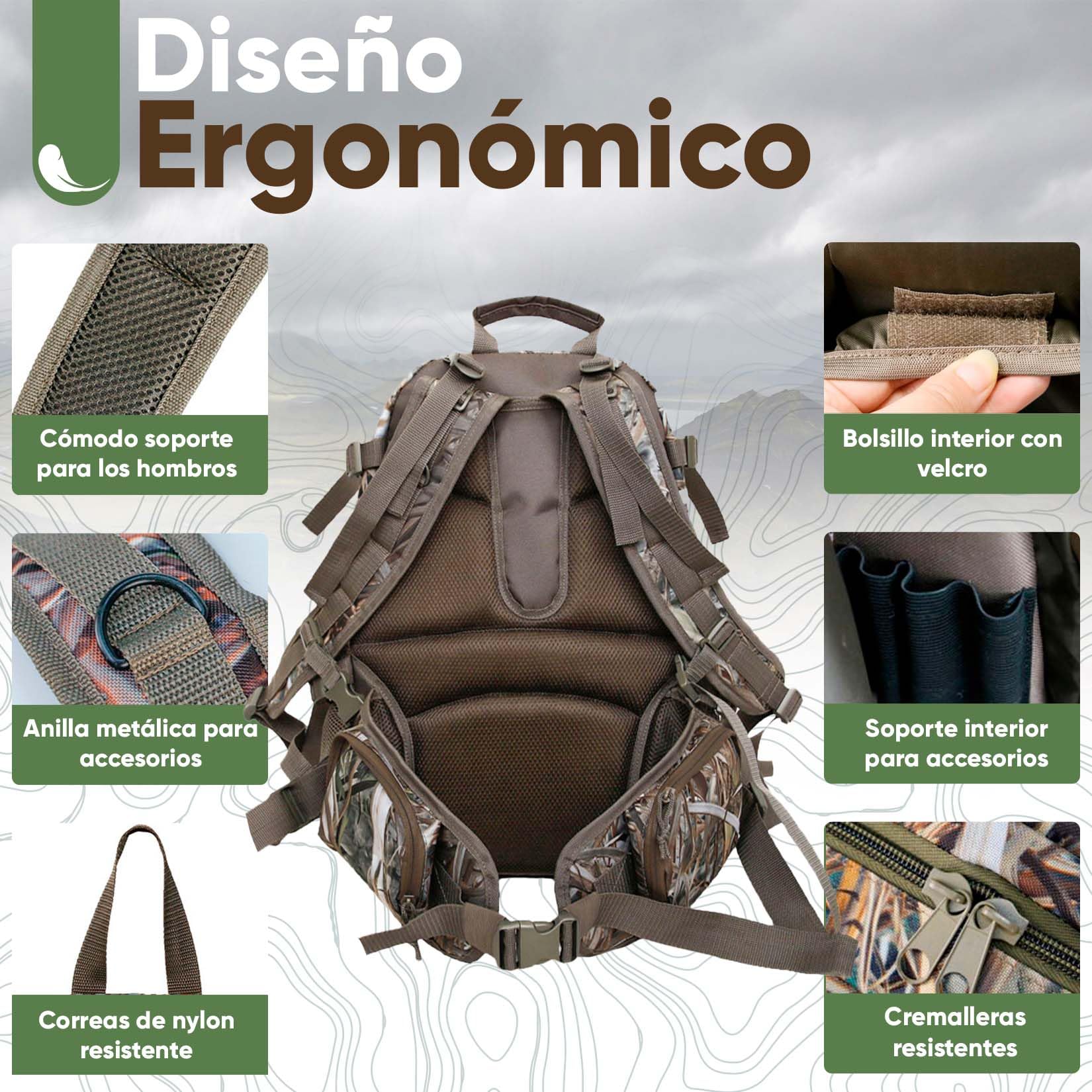 Mochila de Caza- Mochila para Caza con Porta Arma Incluido -Bolsa de caza con Gran Capacidad y múltiples Bolsillos- Accesorios para Cazadores