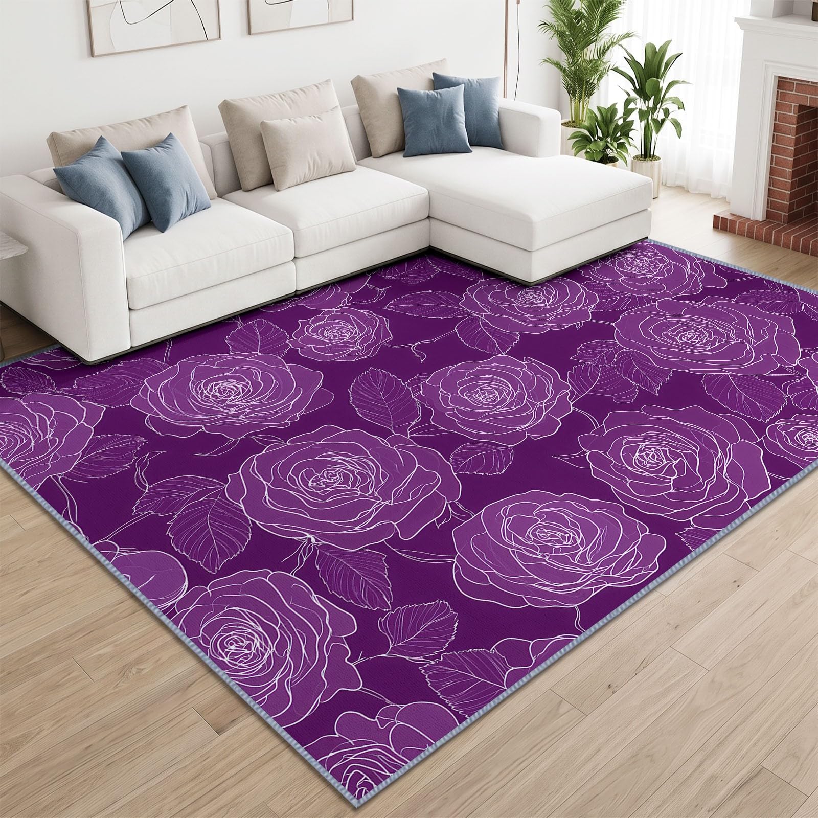 Tapis Lavable en Machine 80 x 150 cm Dessin Au Trait Fleurs Roses Tapis Antidérapant en Flanelle Idéal pour Enfants et Animaux – Moquette de Chambre Doux, Poils Courts, Entretien Facile, Violet