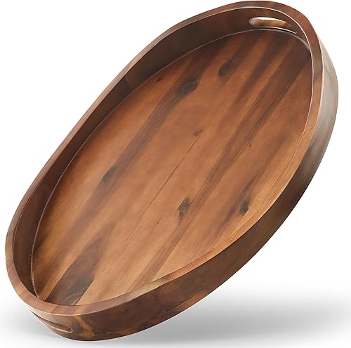 Miniatura 8 de Bandeja de servir ovalada de madera de acacia con asas - 16.5" x 13" Bandeja otomana de mesa ovalada de madera - Bandeja de servir redonda - Bandeja