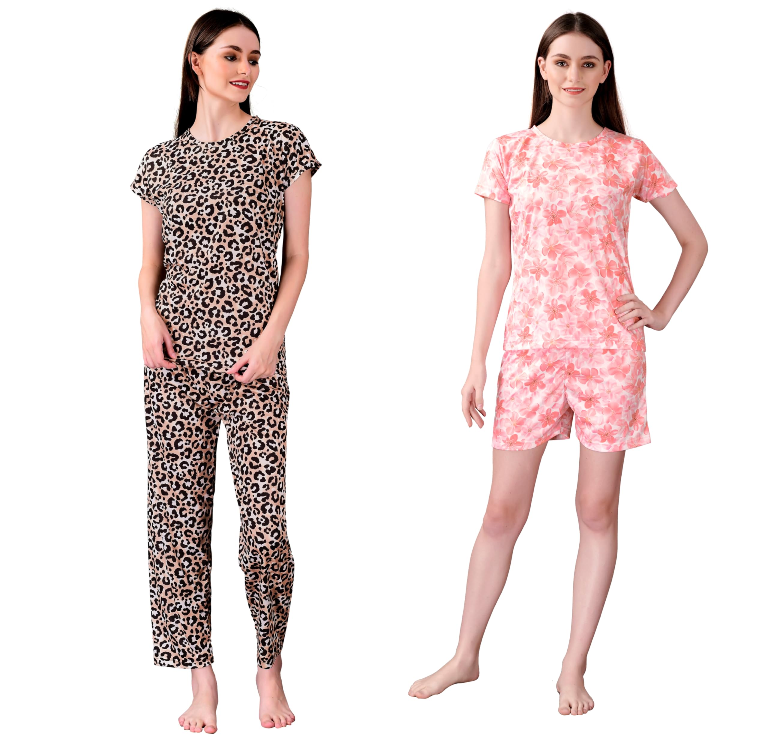 Vivaro Polyester Printed Solid Regular Top Short Sleeves Round Neck Everyday Latest Night Dress Combo for Womens Multicolor | T-Set 03 & FNC 10