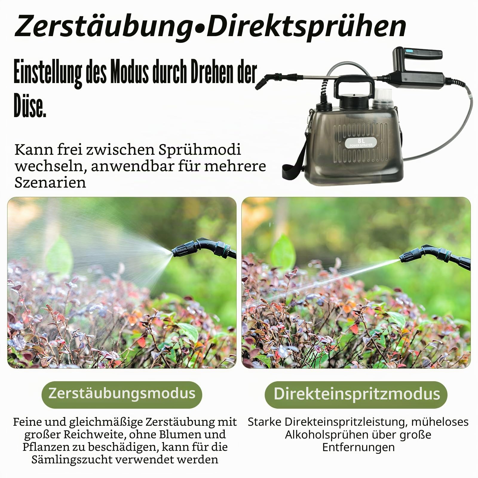 Drucksprüher, 8L Akku Drucksprühgerät Gartenspritze mit Lanze und 4 Verstellbaren Sprühdüsen Rückenspritze mit 2400mAh Batterie (7.4V Automatische Pumpe Transparenter Tank Teleskopierbare Lanze)