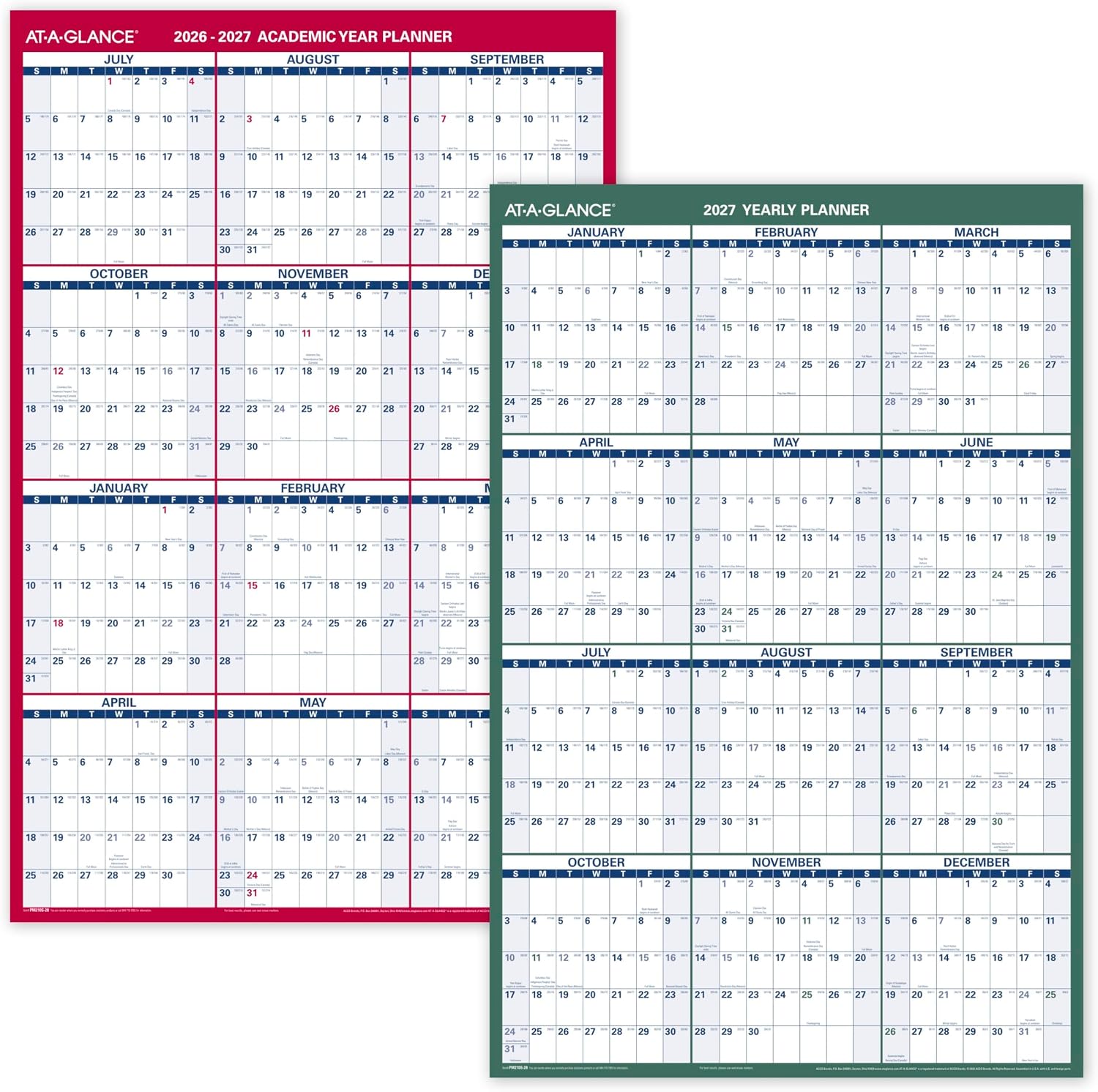 AT-A-GLANCE Dry Erase Calendar 2026-2027 Academic & Regular Year Wall Planner, 12-Month, 24" x 36", Double Sided, Vertical (PM210S28)
