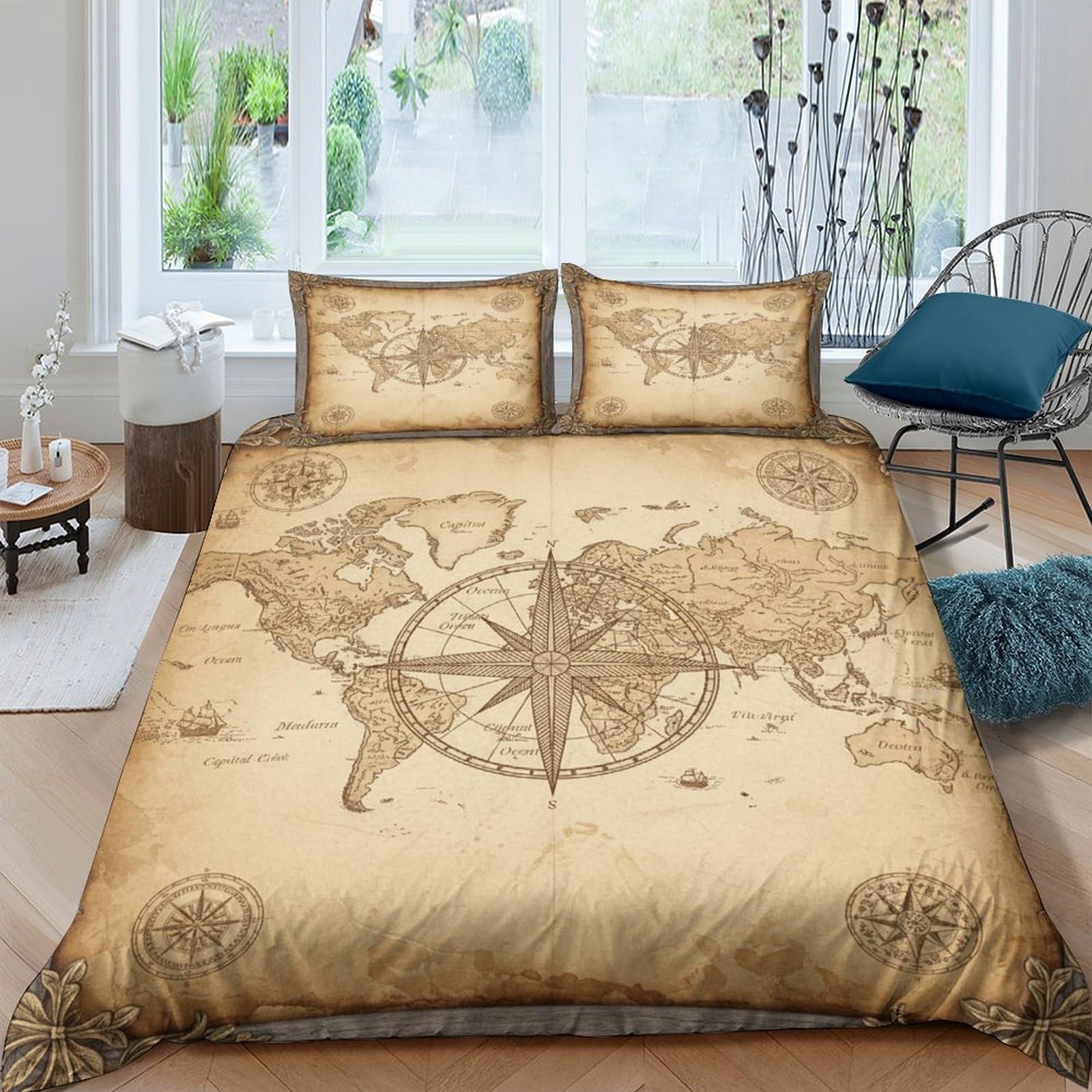 Ctjqhvkz Style-4 3D Printed Vintage World Map Fitted Sheet Microfiber Soft Breathable Compass Bed Cover For Bedroom Decor Single（135X200cm）