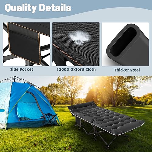 Miniatura 9 de Slsy Catre de camping plegable XXL de gran tamaño para adultos con almohadilla, catres de dormir portátiles acolchados, cama de campamento con bolsa