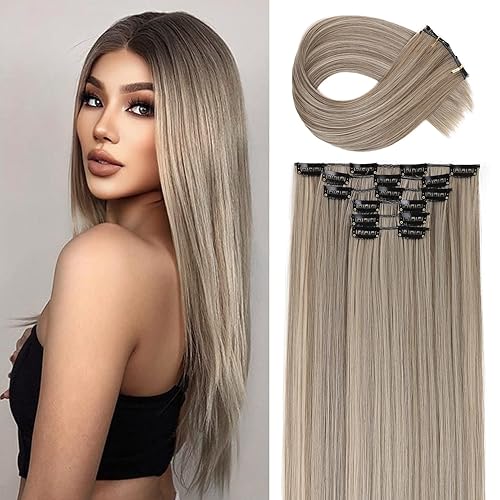 YOGFIT Extensiones de cabello sintético largo y liso con clip, de 24 pulgadas, 6 unidades, balayage, marrón ceniza con rubio blanco, extensiones disponible en Yaxa Venezuela