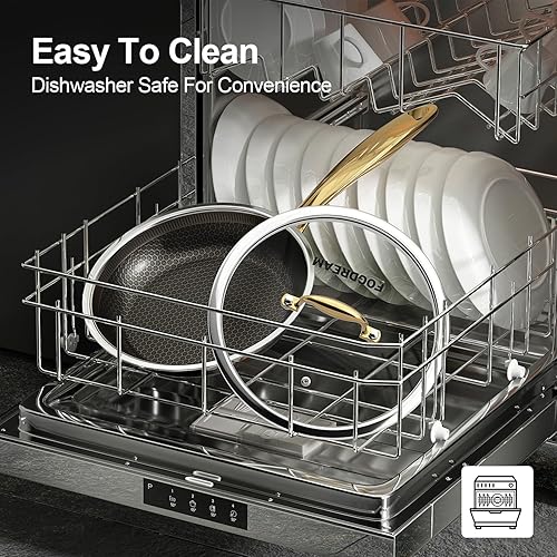 Miniatura 7 de Fogdream Juego de ollas y sartenes de 12 pulgadas, antiadherentes, sartén de acero inoxidable con tapa, apto para lavavajillas y horno, sin PFOA y