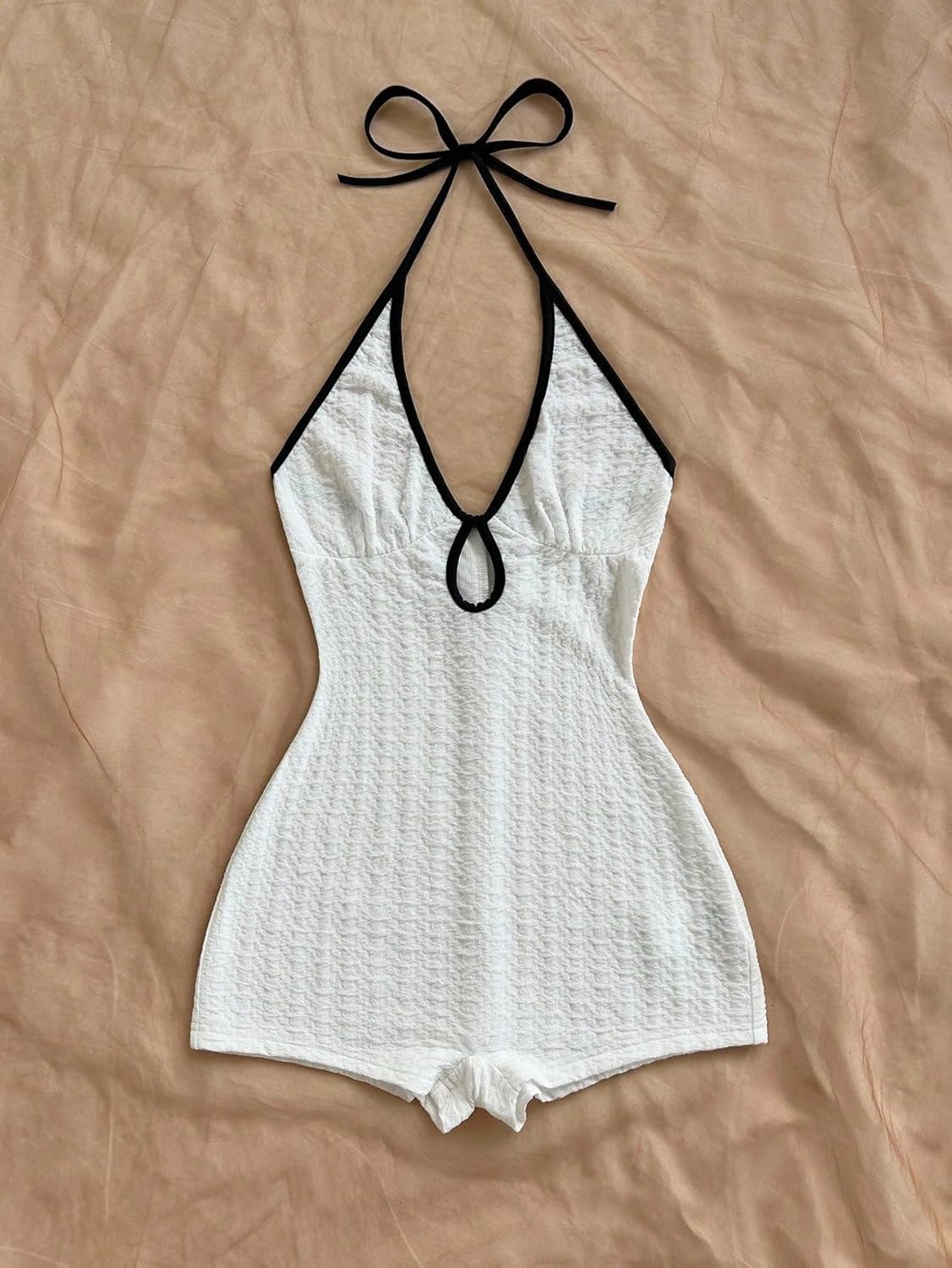 Rompers for Women Summer 2026 V-Neck Tie Front Hollow Out & Trim Ribbed Jumpsuit