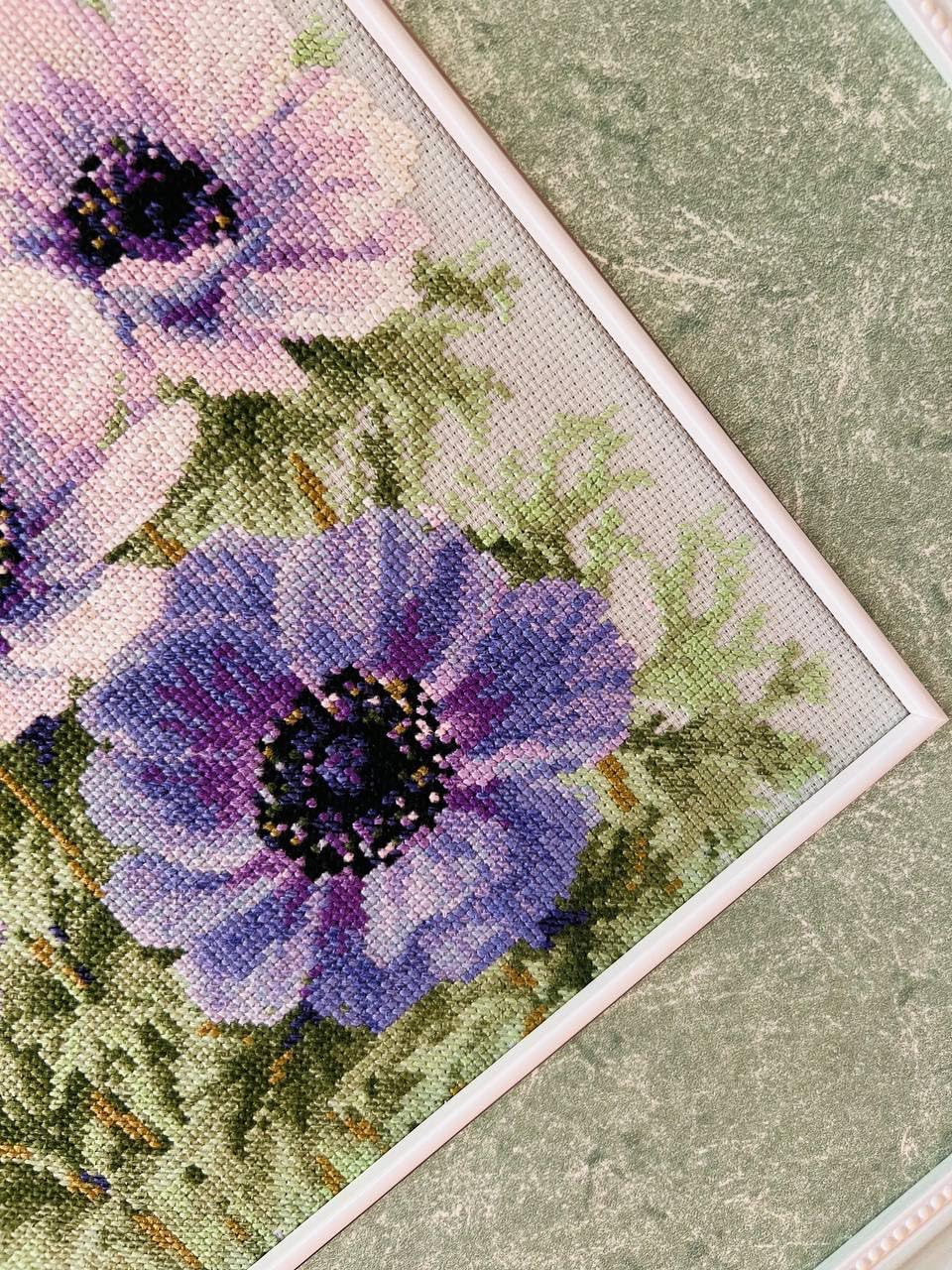 RIOLIS - Purple Anemones 2176, Cross Stitch Kits 11¾" x 11¾", Cross Stitch Kits for Adults, Floral Counted Cross Stitch Kits, Embroidery Kit for Beginners & Advanced, Crossstitching Kits