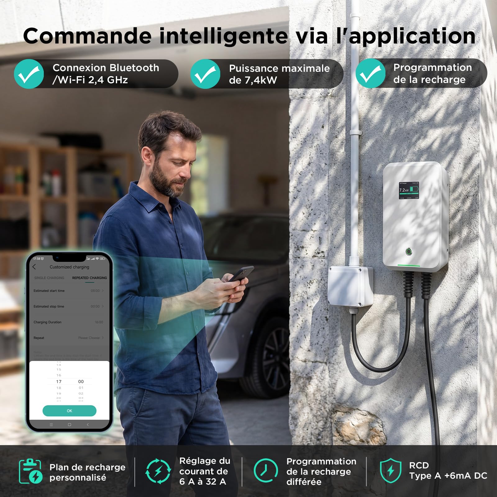 Morec Borne de Recharge Véhicules Électrique Type 2 32A 7KW 6M avec APP Prend en Charge la Connexion Standard Bluetooth et WiFi pour la Station de Charge, IEC 62196-2 Standard, RCD Type B