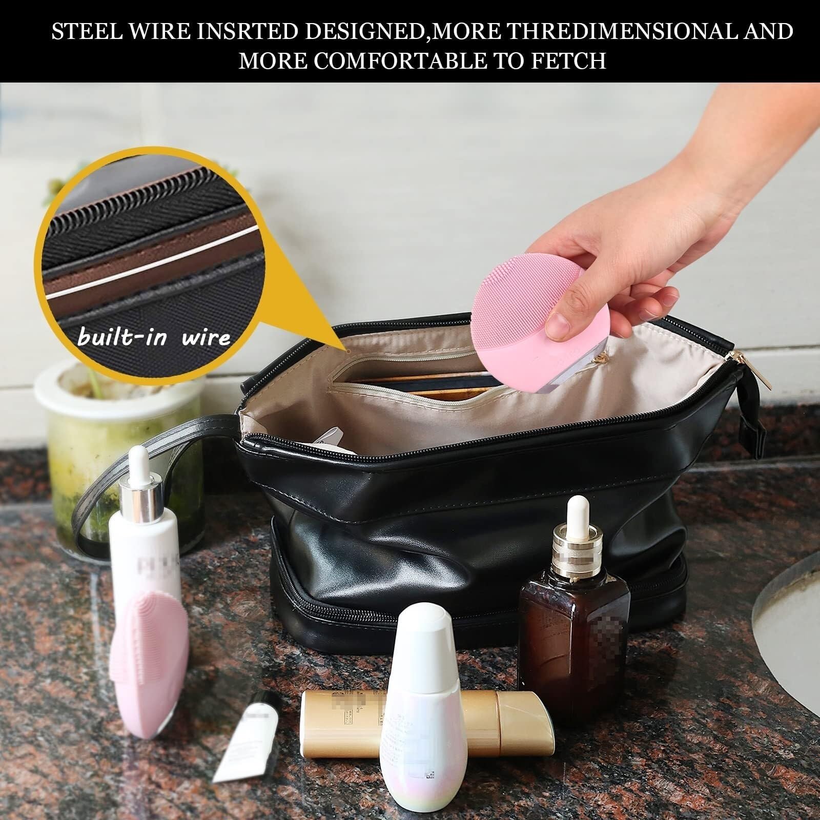 Kosmetiktasche Damen Kosmetiktasche, wasserdichte Kosmetiktasche mit Bodentasche zur Aufbewahrung von Kosmetika auf Reisen Kulturbeutel(Black)