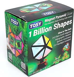 TOSY Magnet Pyramid Glow - 1 Cube Transforms into 1 Billion Shapes, 15 pcs (12 Puzzle pcs & 3 Accessories), 243 Magnets, Glowing, Christmas Stocking Stuffers Gift for Kids, Creative Puzzle STEM Toy