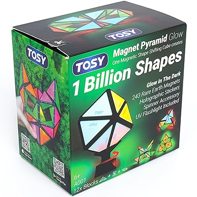 TOSY Magnet Pyramid Glow - 1 Cube Transforms into 1 Billion Shapes, 15 pcs (12 Puzzle pcs & 3 Accessories), 243 Magnets, Glowing, Christmas Stocking Stuffers Gift for Kids, Creative Puzzle STEM Toy