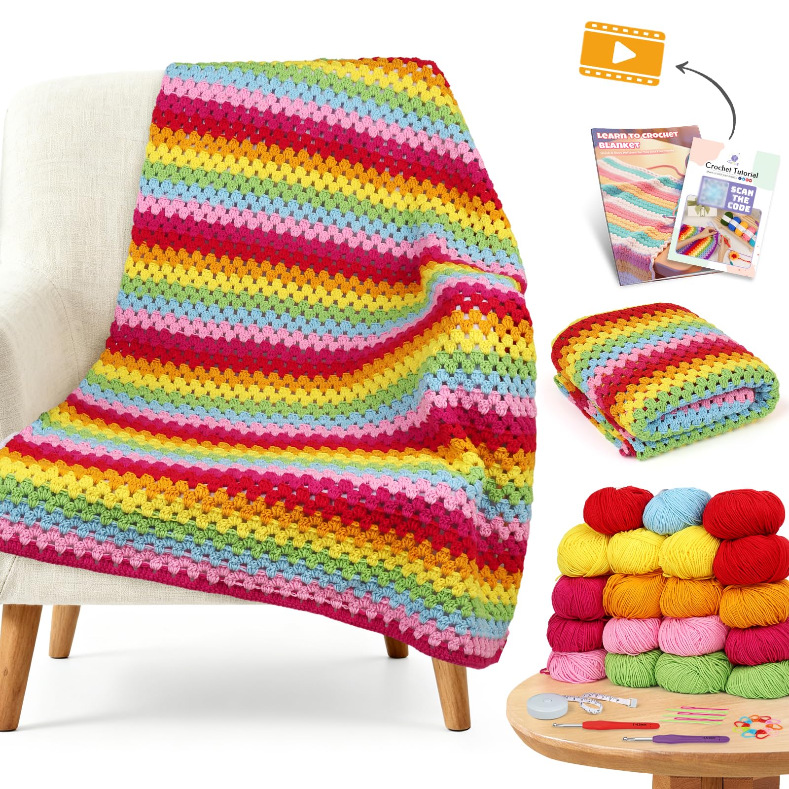 Reessy Crochet Kit, Crochet Blanket Kit with Step-by-Step Video Tutorials, Enough Yarn & Crochet Accessories, Crochet Kits for Beginners Adults Learn to Crochet Pretty Rainbow Striped Blanket