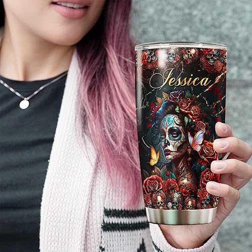 Miniatura 3 de Vaso personalizado con diseño de calavera de rosa con tapa, con aislamiento de acero inoxidable con texto en inglés "I I'm Not Sugar Spice - Vasos