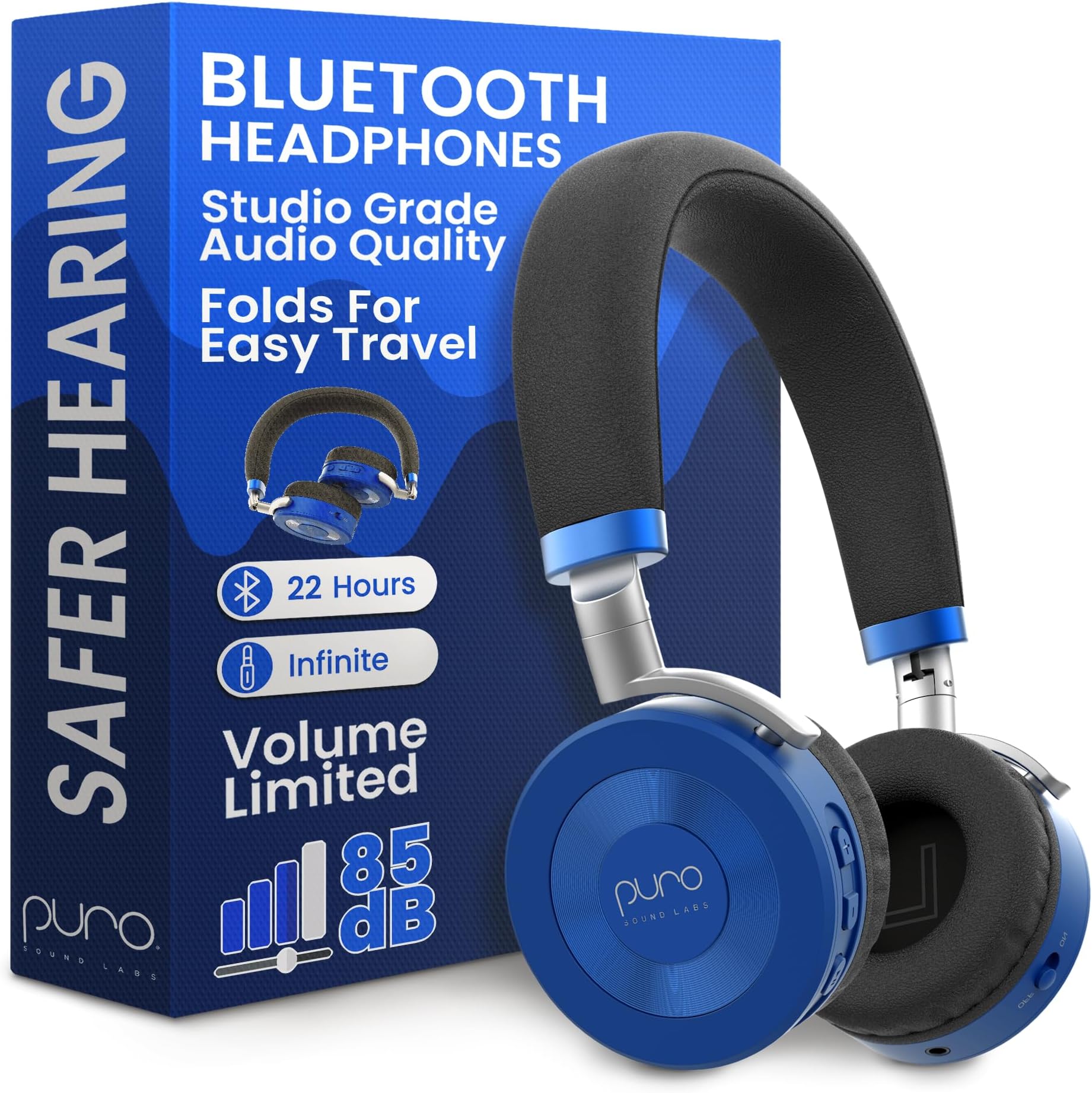 JuniorJam Plus Volume-Limiting Wireless Bluetooth Headphones for Kids, Secure Audio with Adjustable On-Ear Design, 22-Hour Battery Life, Ideal for Tablets, Smartphones & PCs - Blue