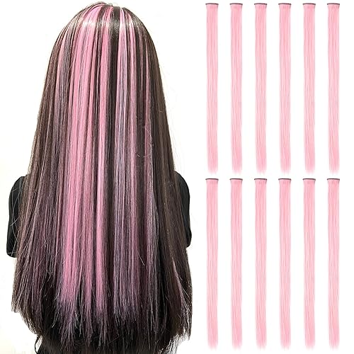 12 extensiones de cabello de color rosa claro liso multicolor con clip, extensiones de cabello arcoíris de 20 pulgadas, extensiones de cabello disponible en Yaxa Venezuela