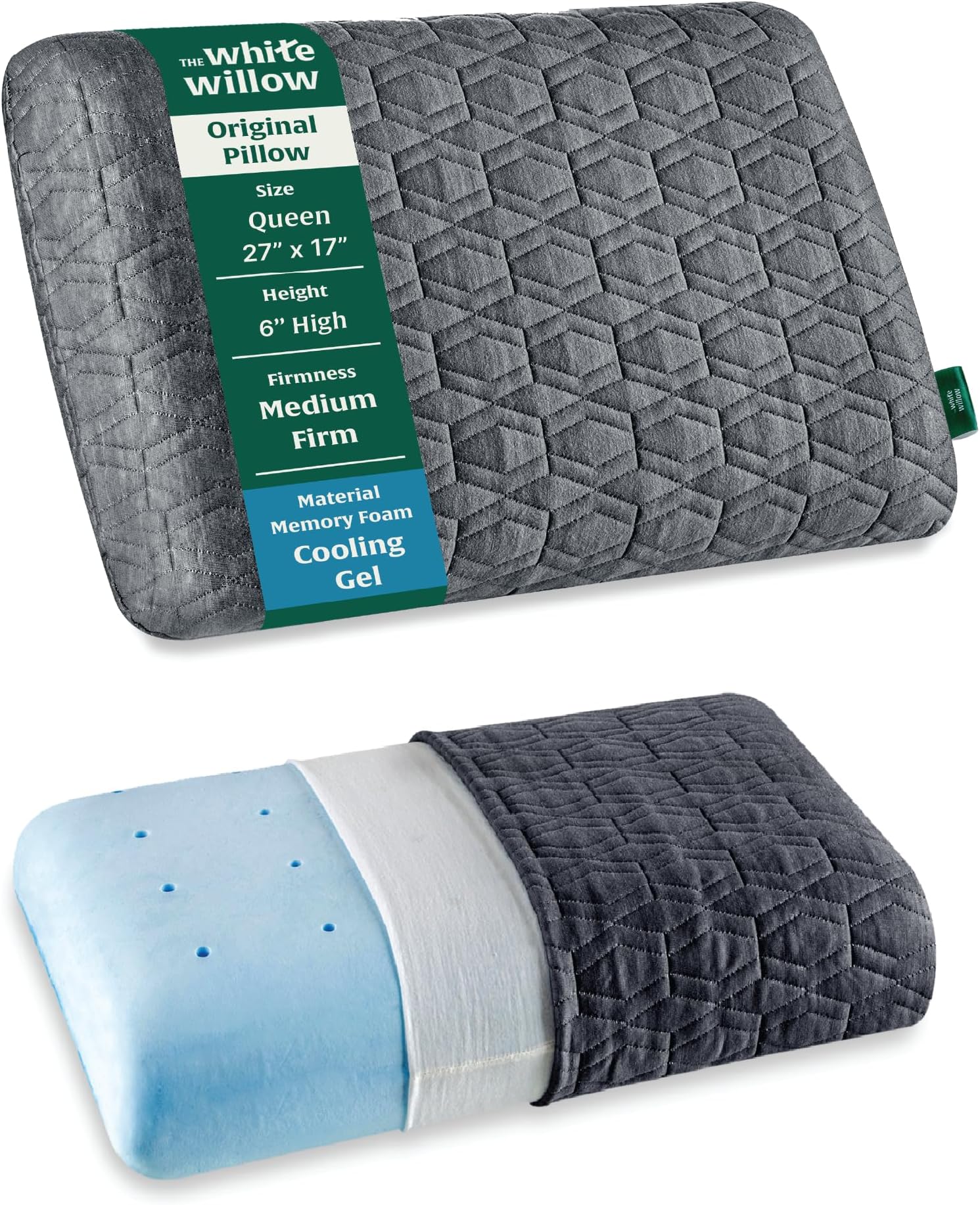 The White Willow Cooling Gel Memory Foam – Medium Firm Ergonomic Support for Stomach, Side & Back Sleepers – High Loft 6" – Queen Size – BASF German Tech – Grey