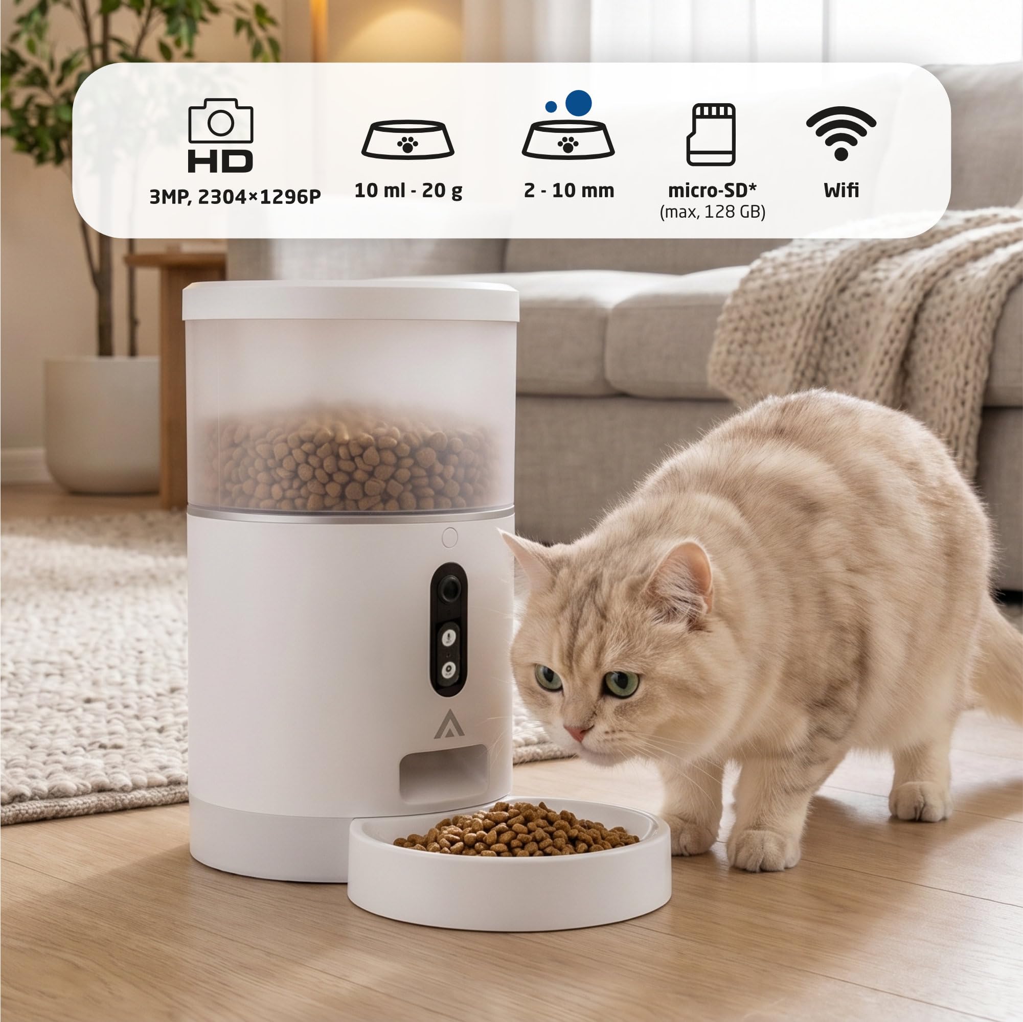 Comedero automático - 4 litros -Cámara 3MP, WiFi y App - Programación de Comida, Audio bidireccional, visión Nocturna, Carga USB-C o Pilas. para Gatos y Perros - Limpieza fácil. Mod. PF-BL4