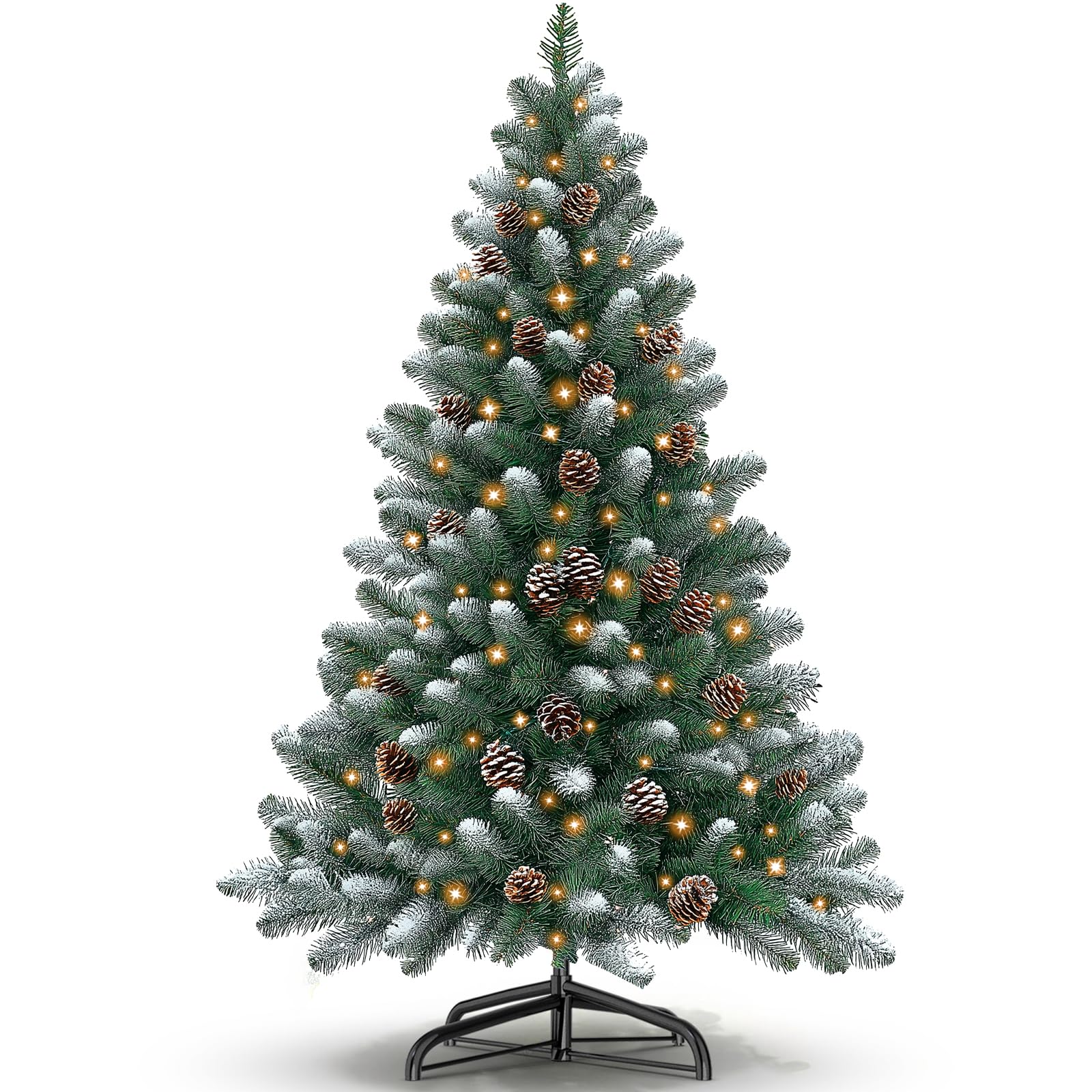 Sapin de Noël Lumineux 150 cm, Pommes de pin et 367 Branches, Sapin Artificiel en PVC avec Guirlande Lumineuse, 8 Fonctions Lumineuses, Support métallique, pour l'intérieur et l'extérieur