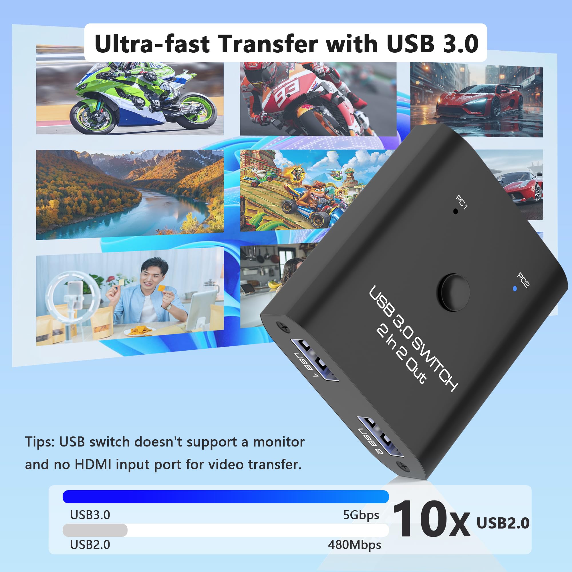 Interruptor USB 3.0 de 2 entradas y 2 salidas, conmutador USB para 2 computadoras compartiendo teclado, mouse, impresora, conmutador USB para Windows/Mac/Linux, interruptor selector USB de 2 puertos
