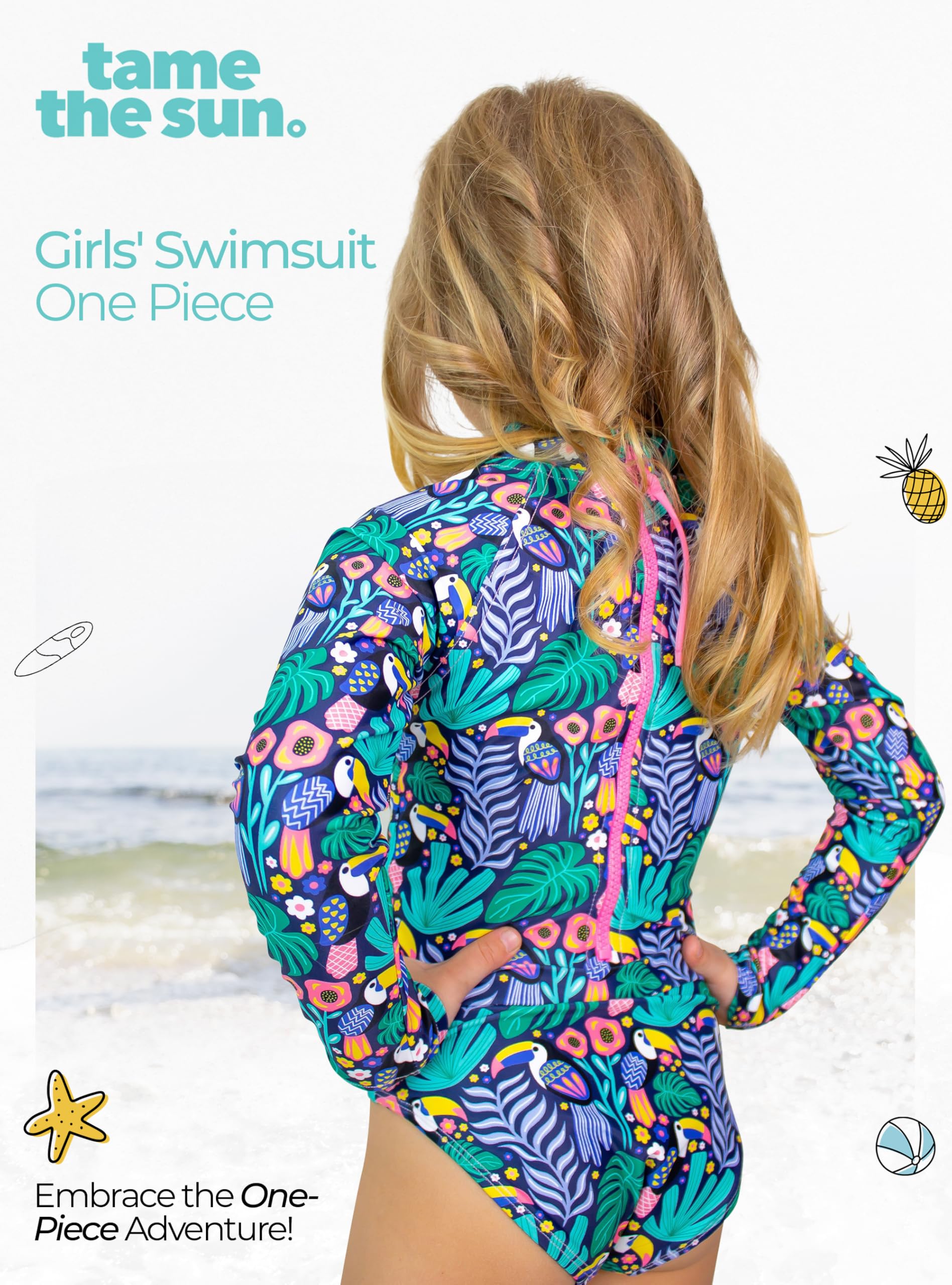Tame the Sun Traje de baño de manga larga para niñas, traje de baño de una pieza con protección contra erupciones y cremallera UPF 50+