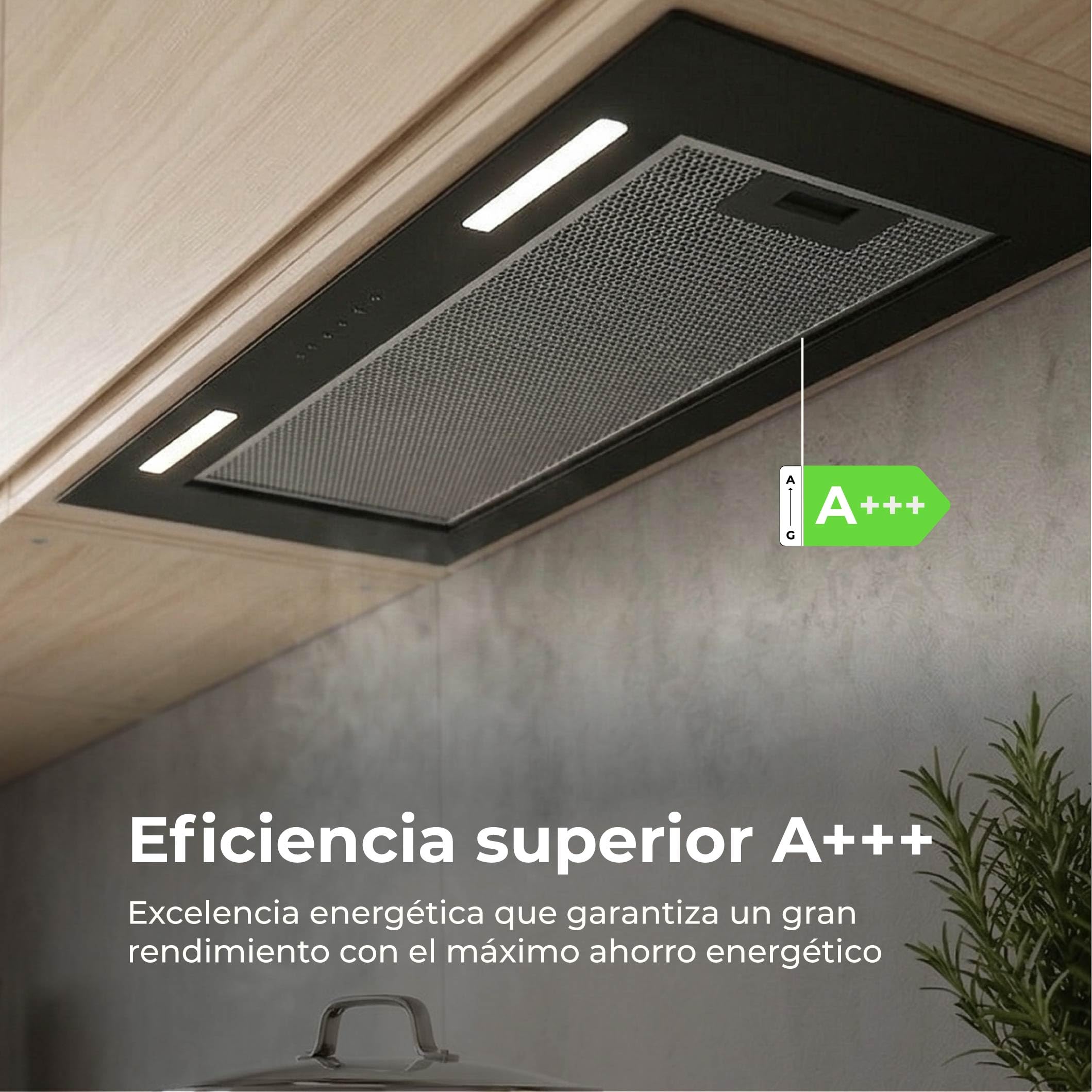 EVVO CEi52 Black - Campana Extractora 60 cm Integrable, Succión 875 m3/h, Motor 200W, Extractor de Cocina con Filtro Carbón y Aluminio, Campana Extractora Negra Silenciosa