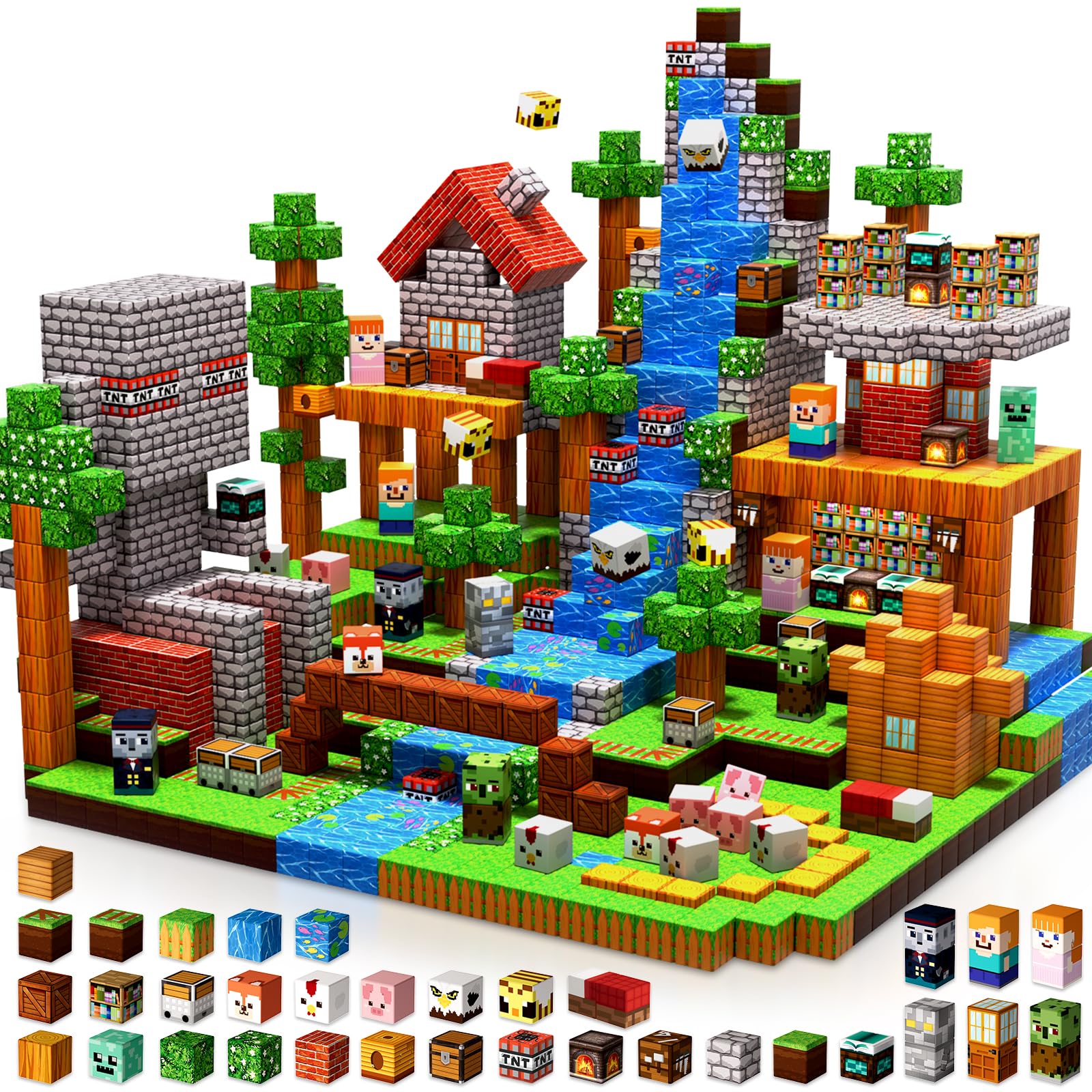 Goody King Magnetische Bausteine 300 Teile Set: Magnetbausteine Wald-Bibliothek Thema mit Tieren & Straße - Magnetische Bauwelt Spielzeug Magnetblöcke ab 3-9 Jahre Magnetic Blocks Geschenke für Kinder
