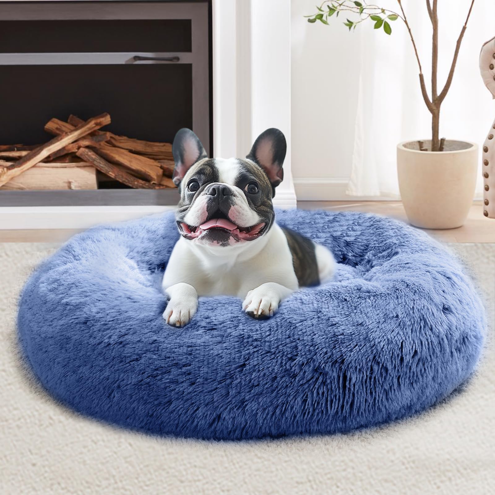 JOLLYVOGUE Calming Dog Beds Large Sized Dog, 36in Donut Washable Large Pet Bed, Anti-Slip &amp; Anti-Anxiety Fluffy Faux Fur Round Dogs Bed, Fits up to 80 lbs Pets (Navy Blue)