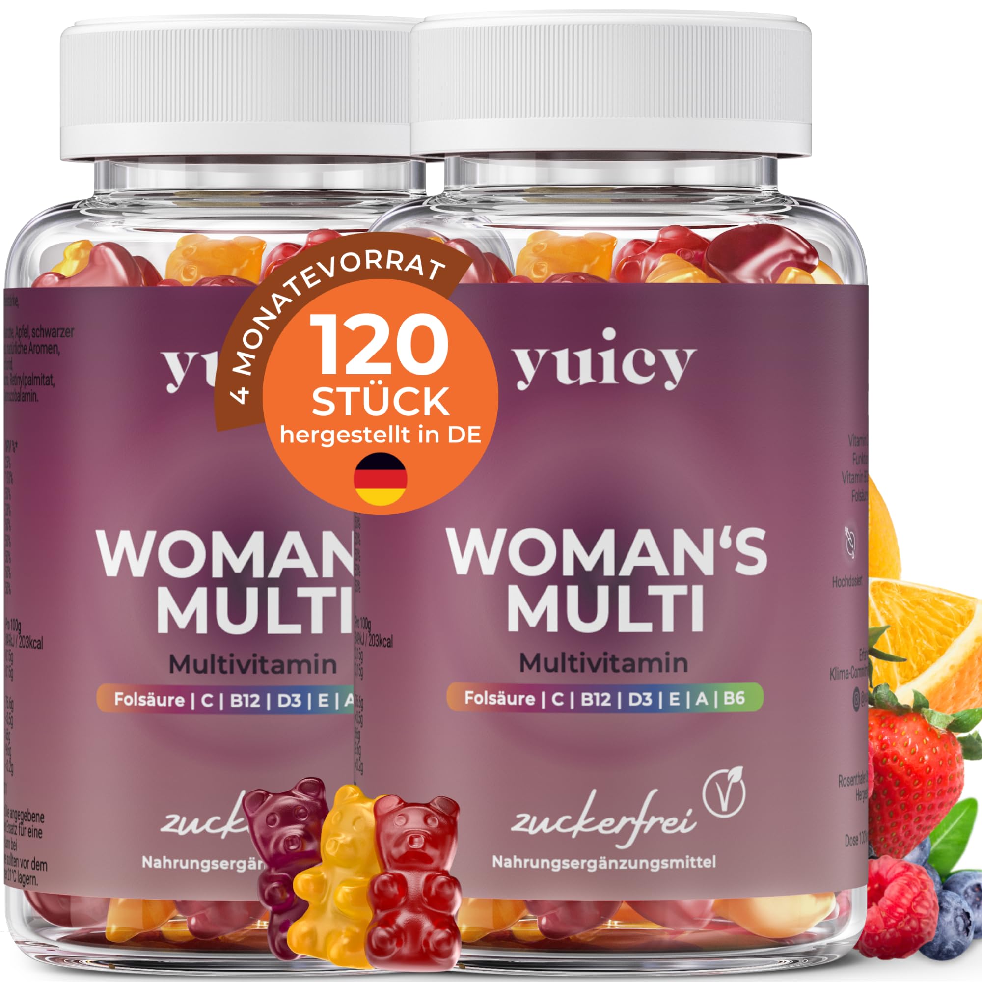 yuicy® Nahrungsergänzungsmittel für Frauen – Multivitamin Komplex – Extrem Leckere Multivitamin Gummies – Vegane Frauen Vitamine – Zuckerfreie Multi Vitamine – Woman's Multi 120 Stück