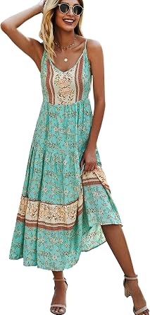 فساتين نسائية من Angashion حزام معكرونة قابل للتعديل على شكل V Boho Long Maxi Dress Summer Beach Flowy Ethnic Sundress