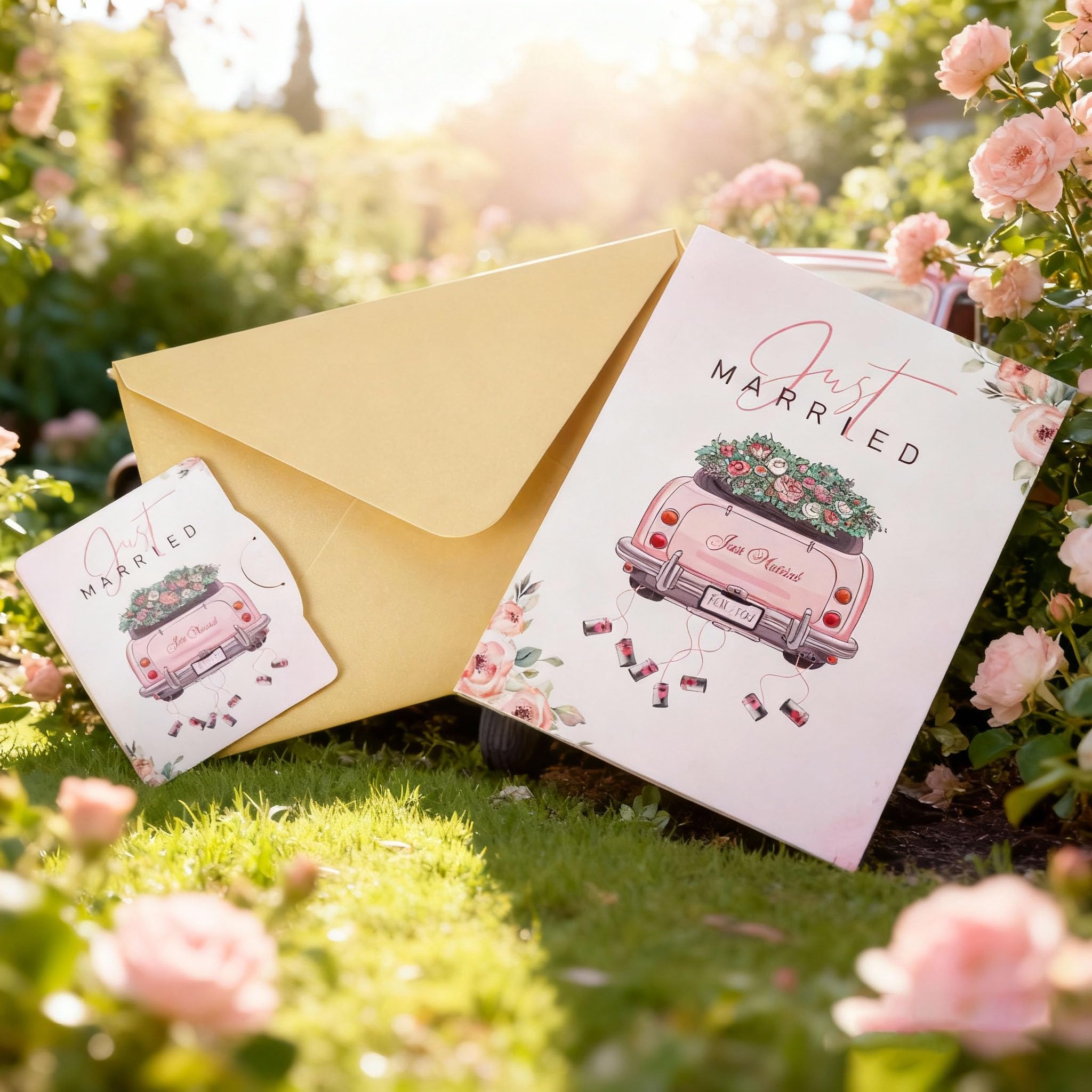 3D-Pop-Up-Hochzeitskarte, elegante Glückwunschkarte – Vintage-Auto mit floralem Aquarell-Cover, Hochzeitsgeschenke für Brautpaare, romantische Karte für Braut und Bräutigam