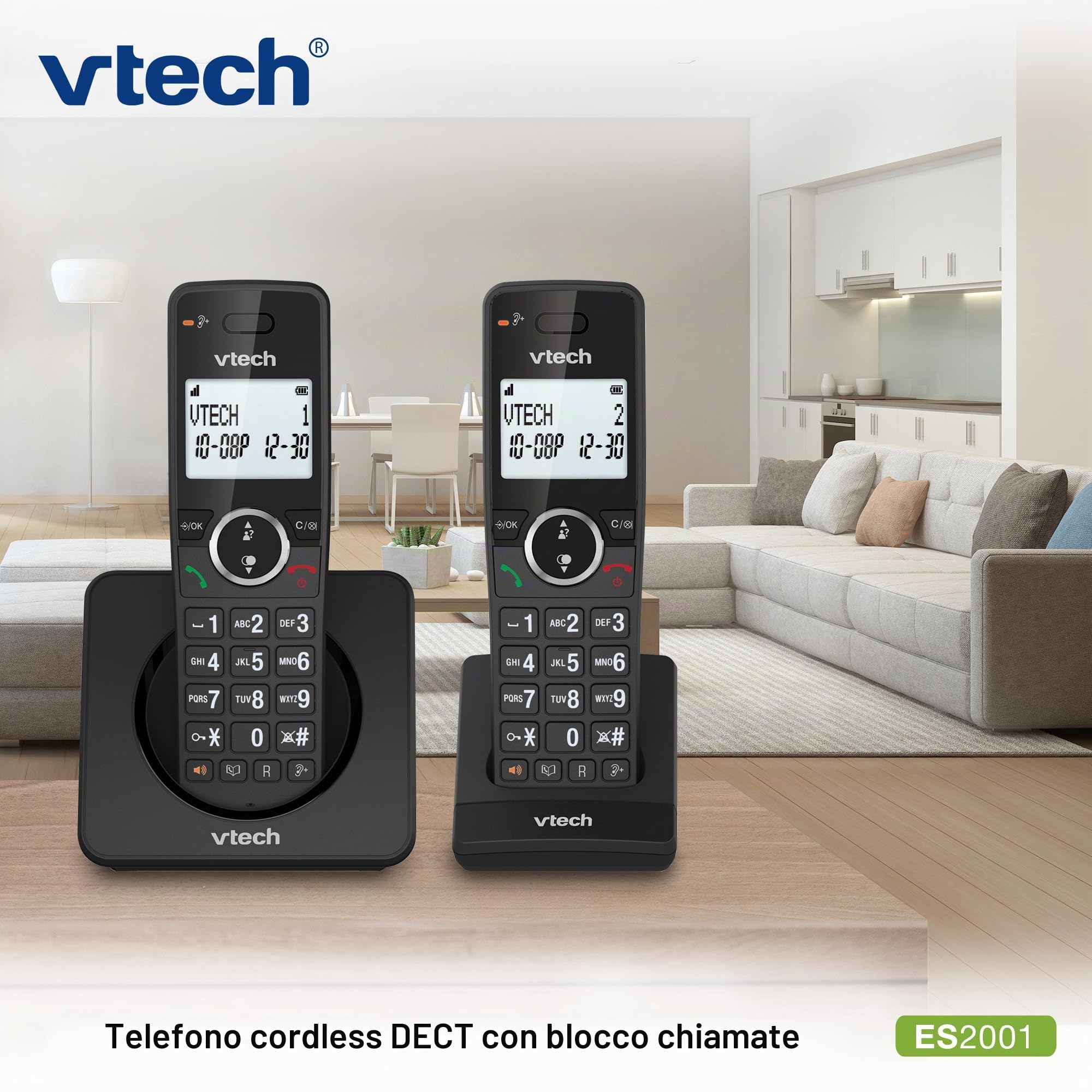 VTech ES2001 Telefono senza fili DECT a 2 combinati con blocco chiamate, amplificatore di volume, ID chiamante/chiamata in attesa,18 ore di autonomia,schermo e tastiera retroilluminati