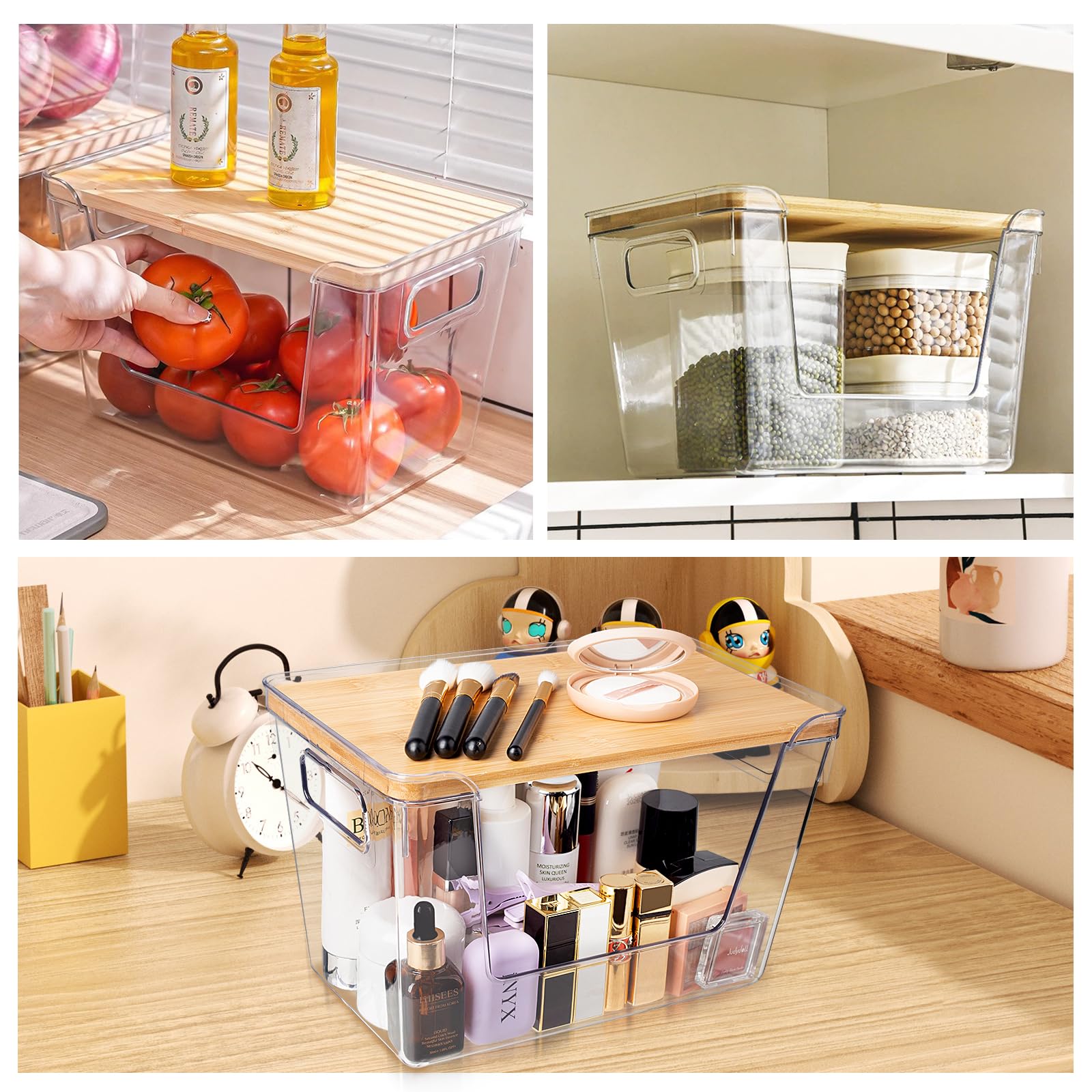 Abiudeng - Cajas de almacenamiento apilables para cocina (2 unidades, tapa de bambú para patatas de gran apertura frontal, organizadores de despensa y almacenamiento para verduras,