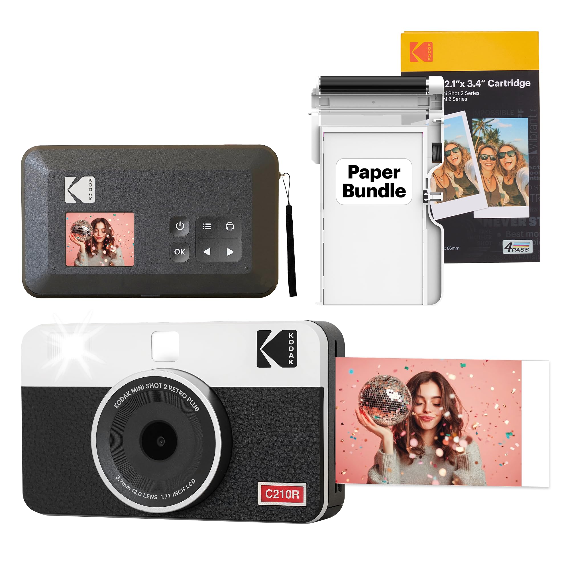 KODAK Mini Shot 2 Retro 4PASS 2-en-1 Cámara Instantánea e Impresora de Fotos (5,3x8,6cm) + Pack con 38 Hojas, Blanco