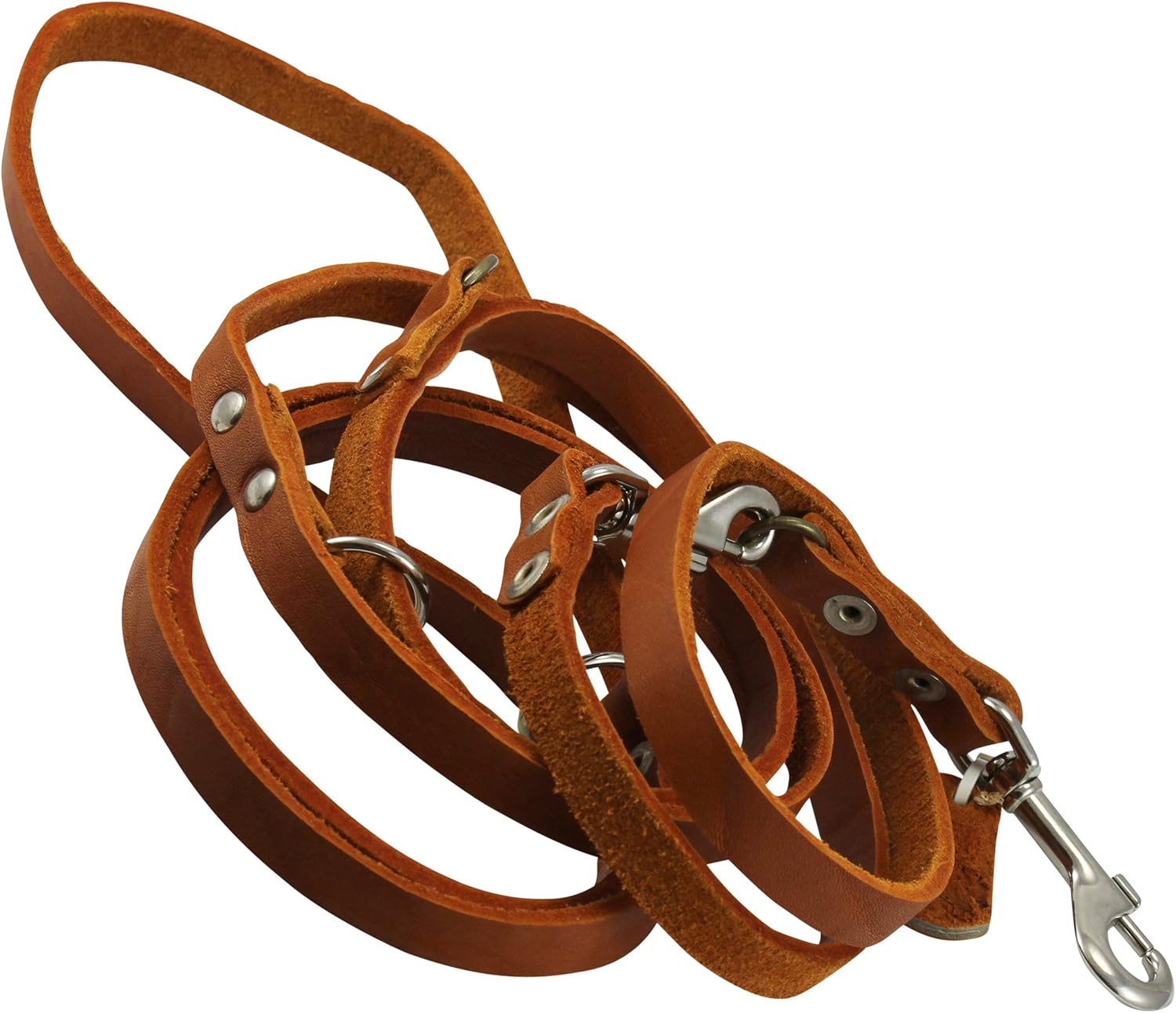Multifunctional Leather Dog Leash, Adjustable Schutzhund 6 Way European Lead Tan 49"-94" Long, 1/2" Wide (12 mm) for Medium Dogs