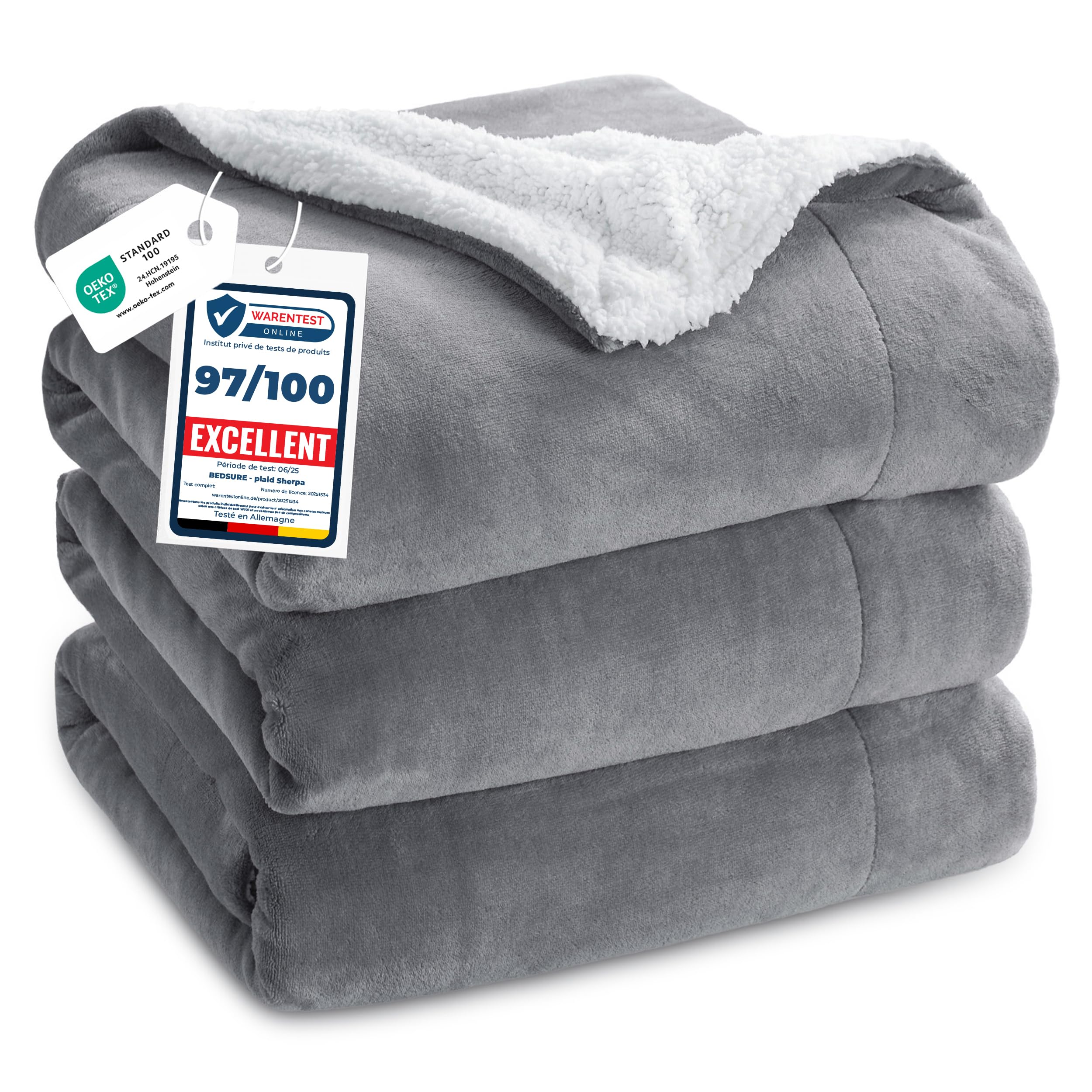Bedsure Plaid Polaire Sherpa Couverture - Gris, 220x240 cm | Plaid Canape Grande Taille, Douce et Chaude Double Face avec Fourrure d'agneau et Tissu Polaire pour Canapé et Lit, Épais