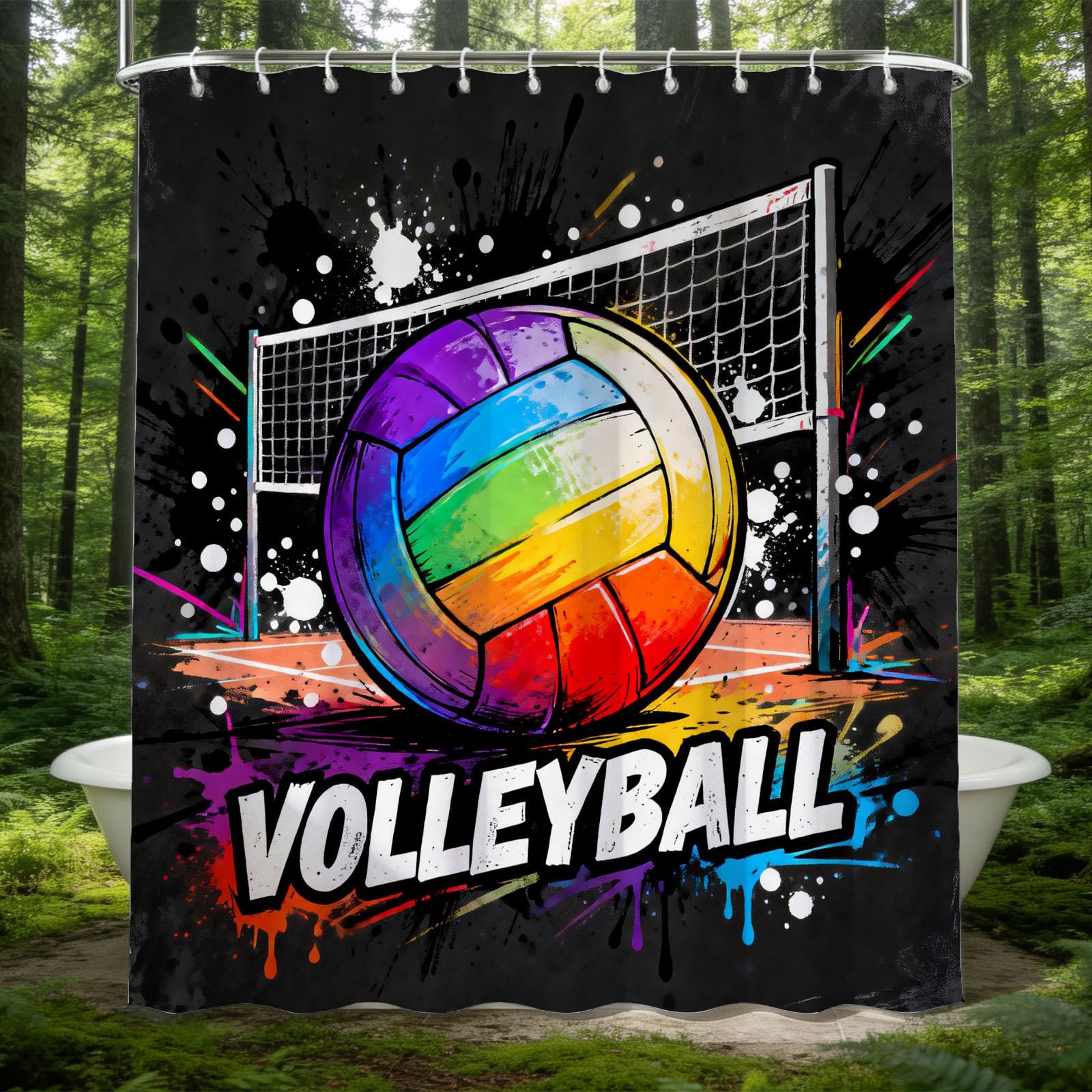 Hongduo 3D Volleyball Shower Curtain for Stalls Bathtubs Volleyball Net Bathroom Decor Shower Curtain Set Polyester Fabric Waterproof 180x180cm/71X71 Inch with Hooks